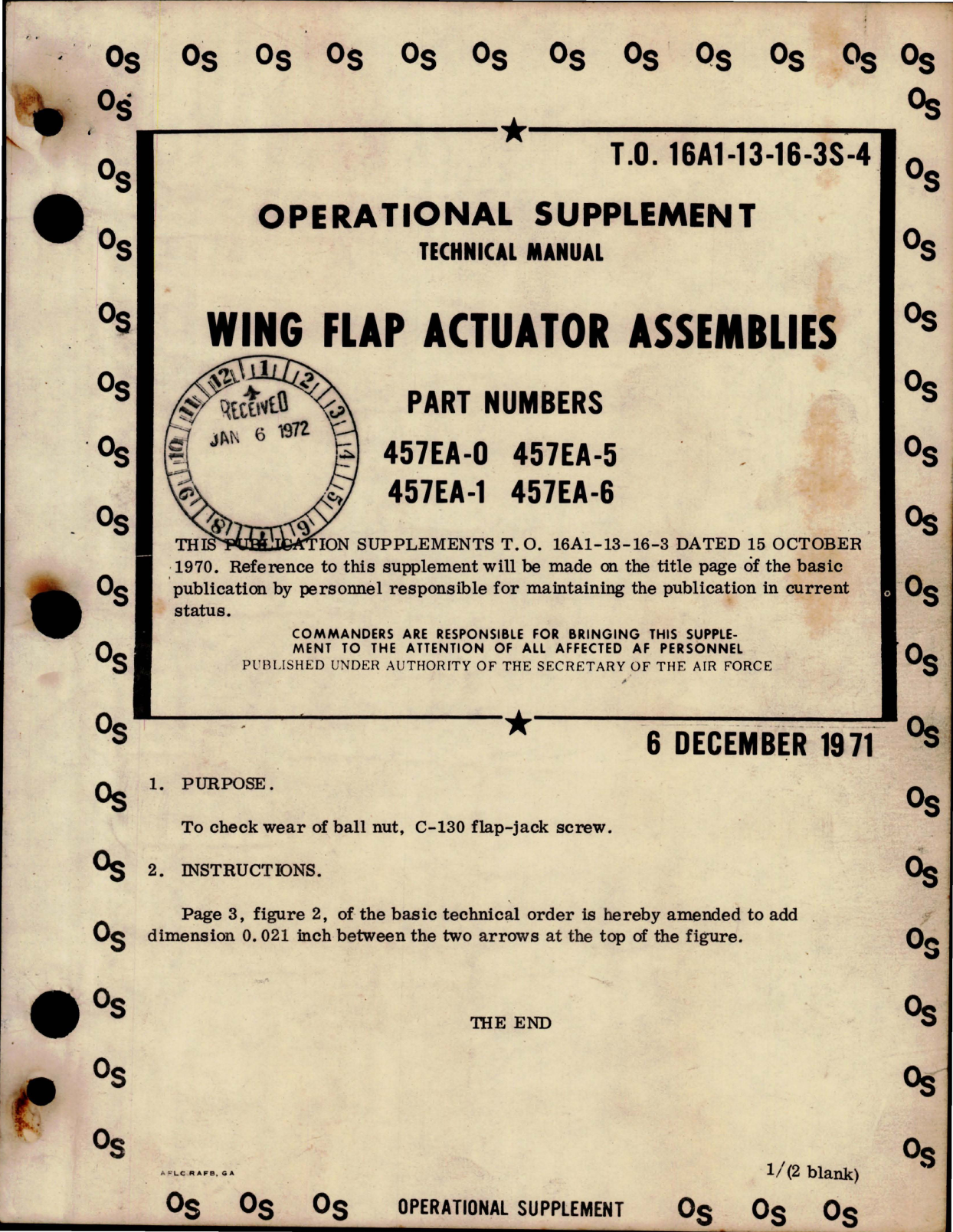 Sample page 1 from AirCorps Library document: Supplement to Overhaul Manual for Wing Flap Actuator Assemblies