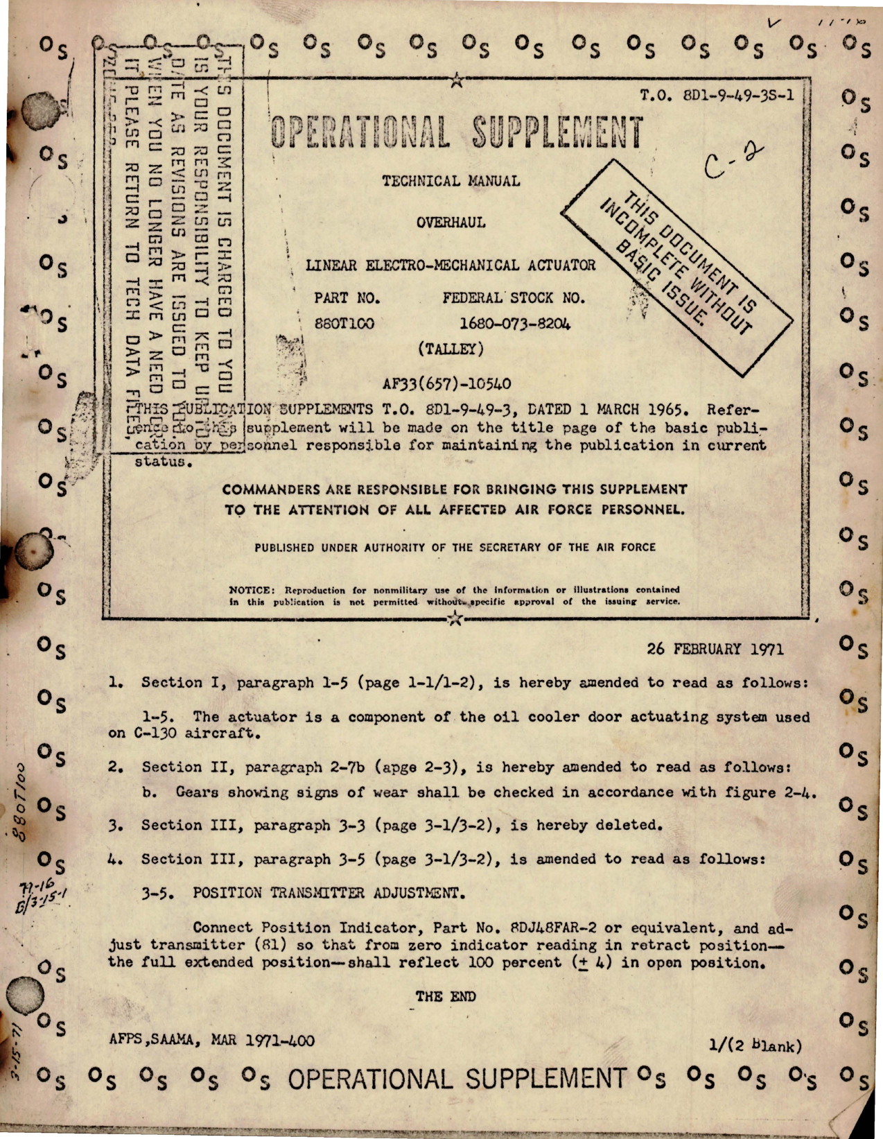 Sample page 1 from AirCorps Library document: Operational Supplement to Overhaul Manual for Linear Electro Mechanical Actuator - Part 880T100