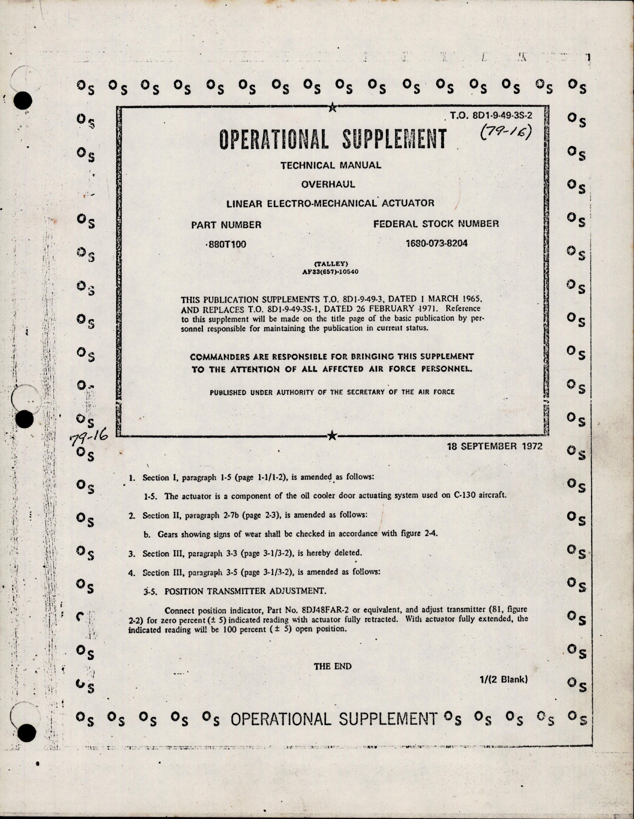 Sample page 1 from AirCorps Library document: Operational Supplement to Overhaul Manual for Linear Electro Mechanical Actuator - Part 880T100 