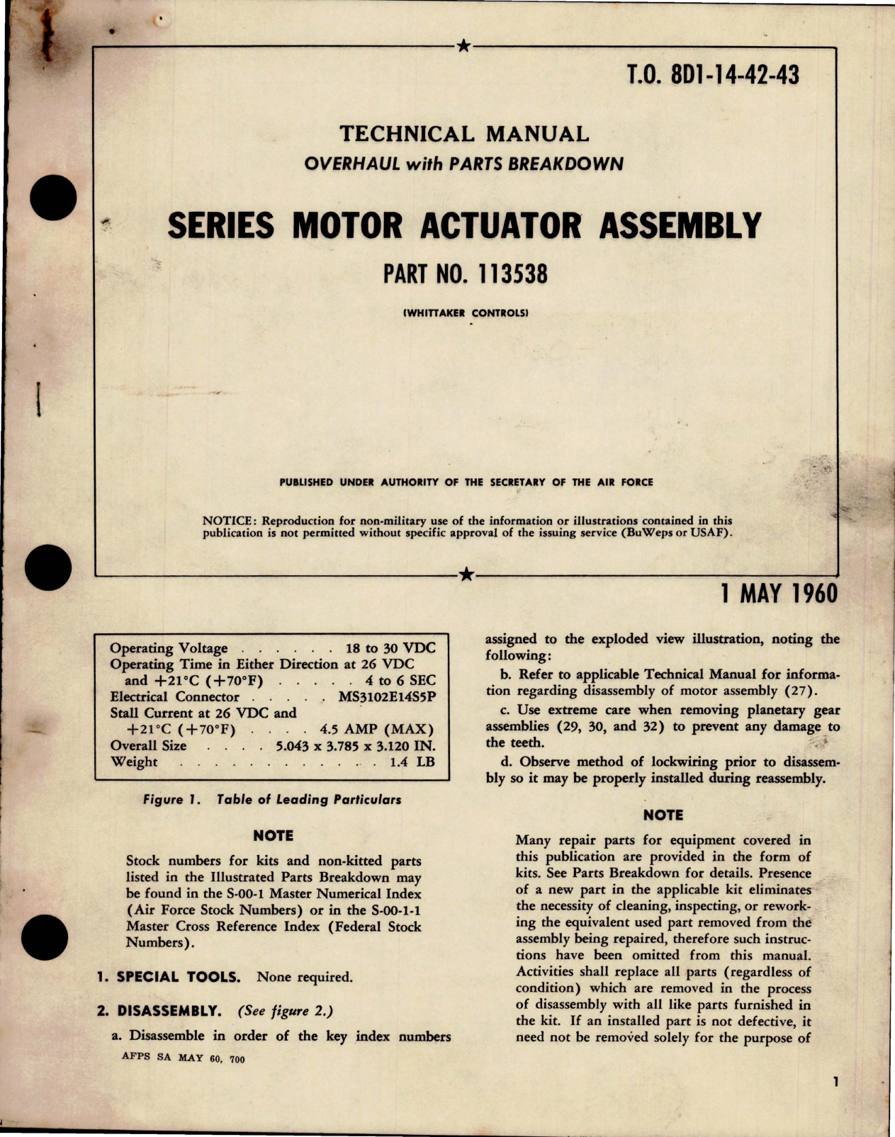 Sample page 1 from AirCorps Library document: Overhaul with Parts Breakdown for Series Motor Actuator Assembly - Part 113538 