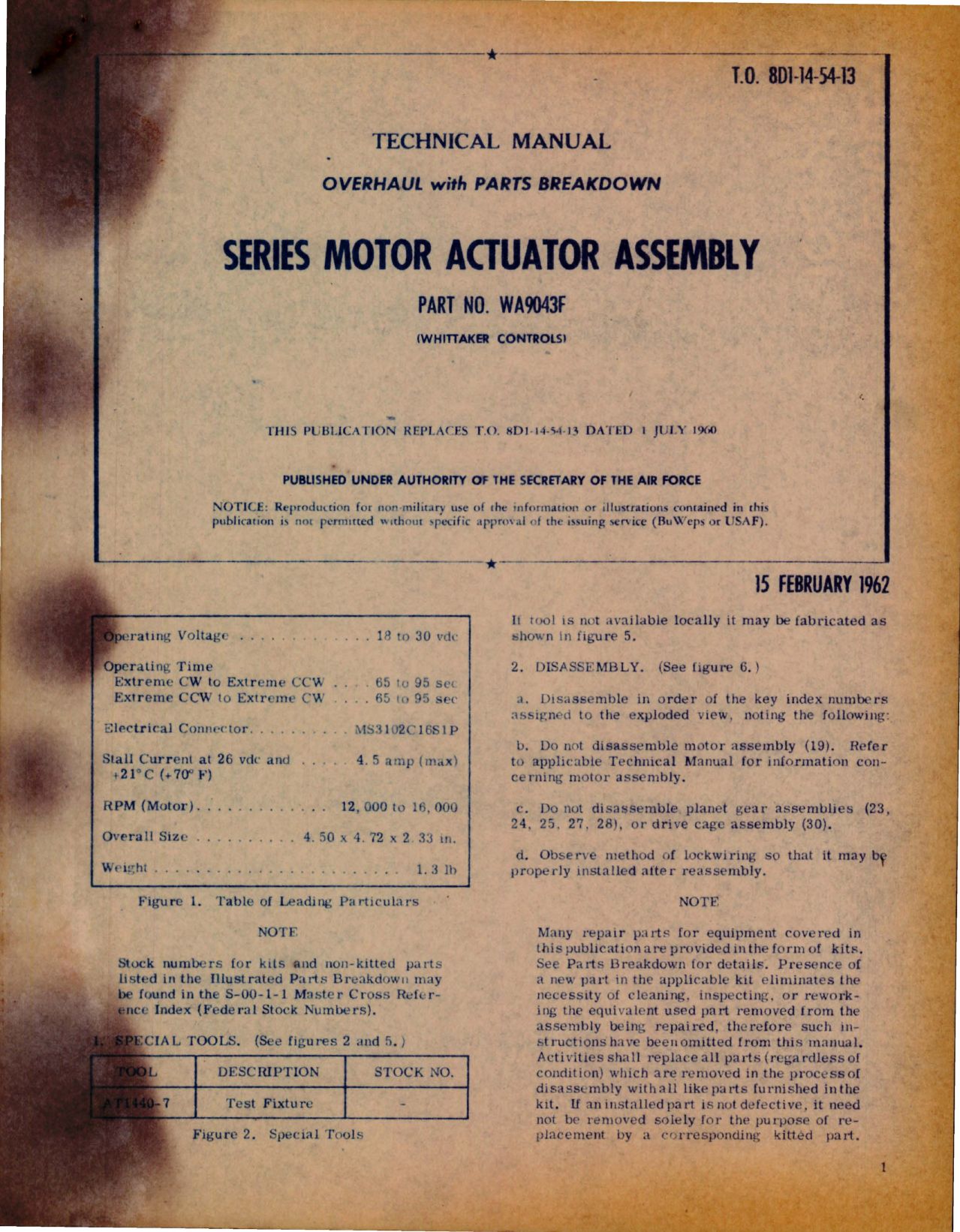 Sample page 1 from AirCorps Library document: Overhaul with Parts Breakdown for Series Motor Actuator Assembly - Part WA9043F 