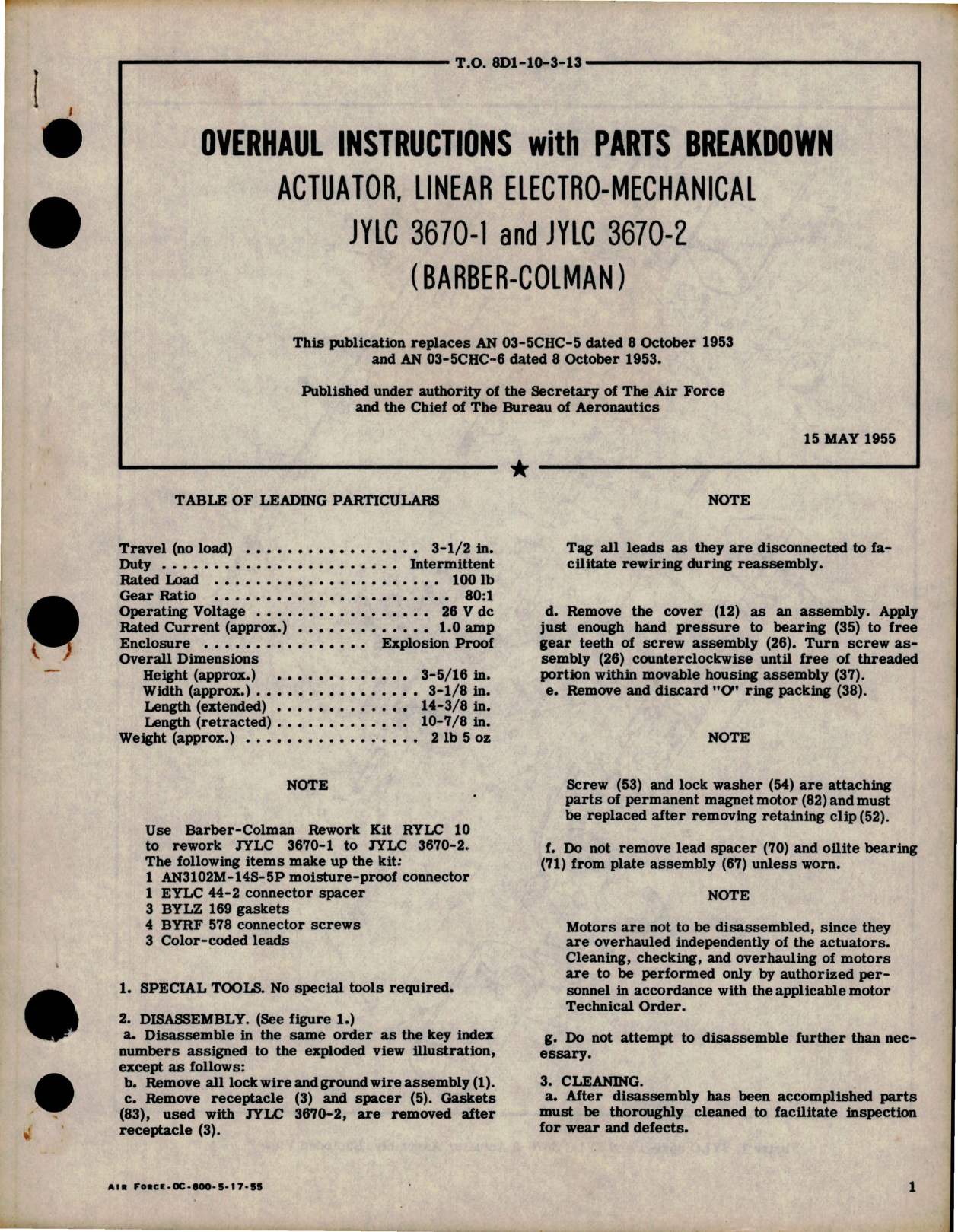 Sample page 1 from AirCorps Library document: Overhaul Instructions with Parts for Linear Electro Mechanical Actuator - Parts JYLC 3670-1 and JYLC 3670-2