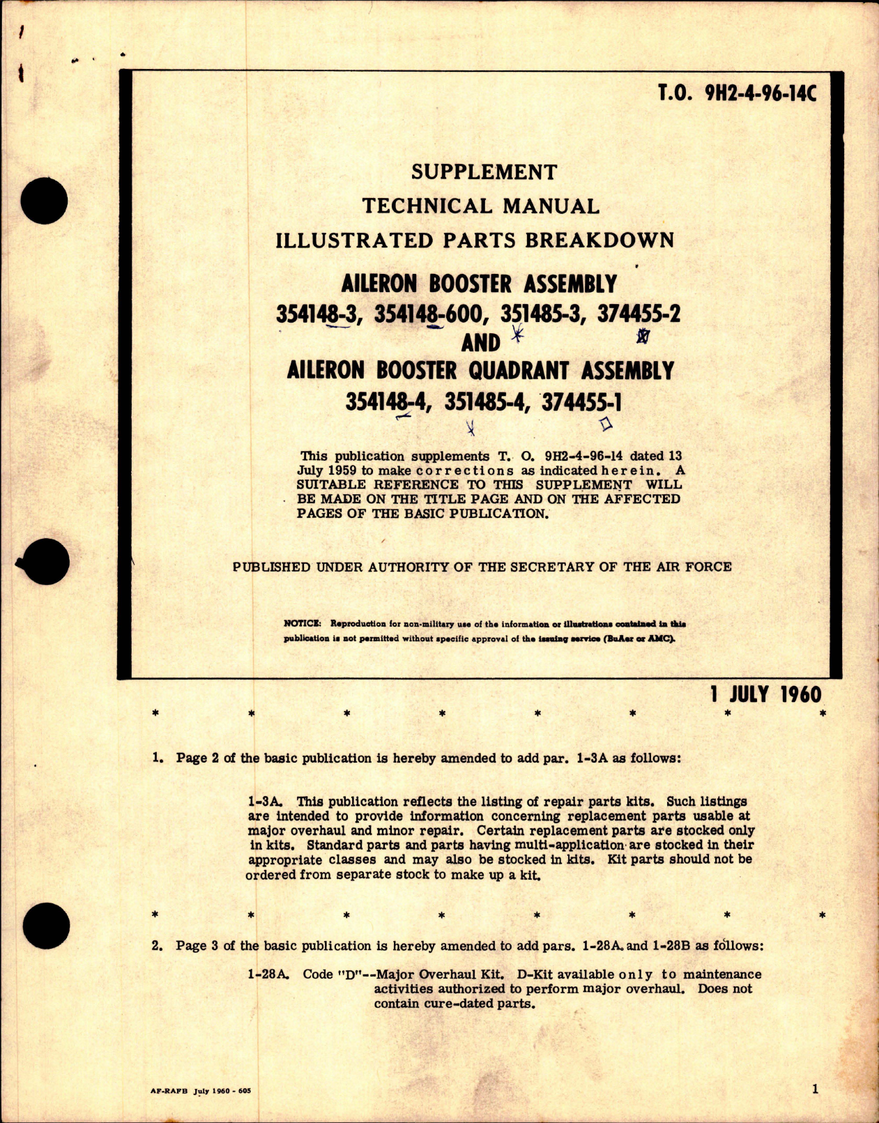 Sample page 1 from AirCorps Library document: Supplement to Illustrated Parts Breakdown for Aileron Booster Assembly and Aileron Booster Quadrant Assembly 