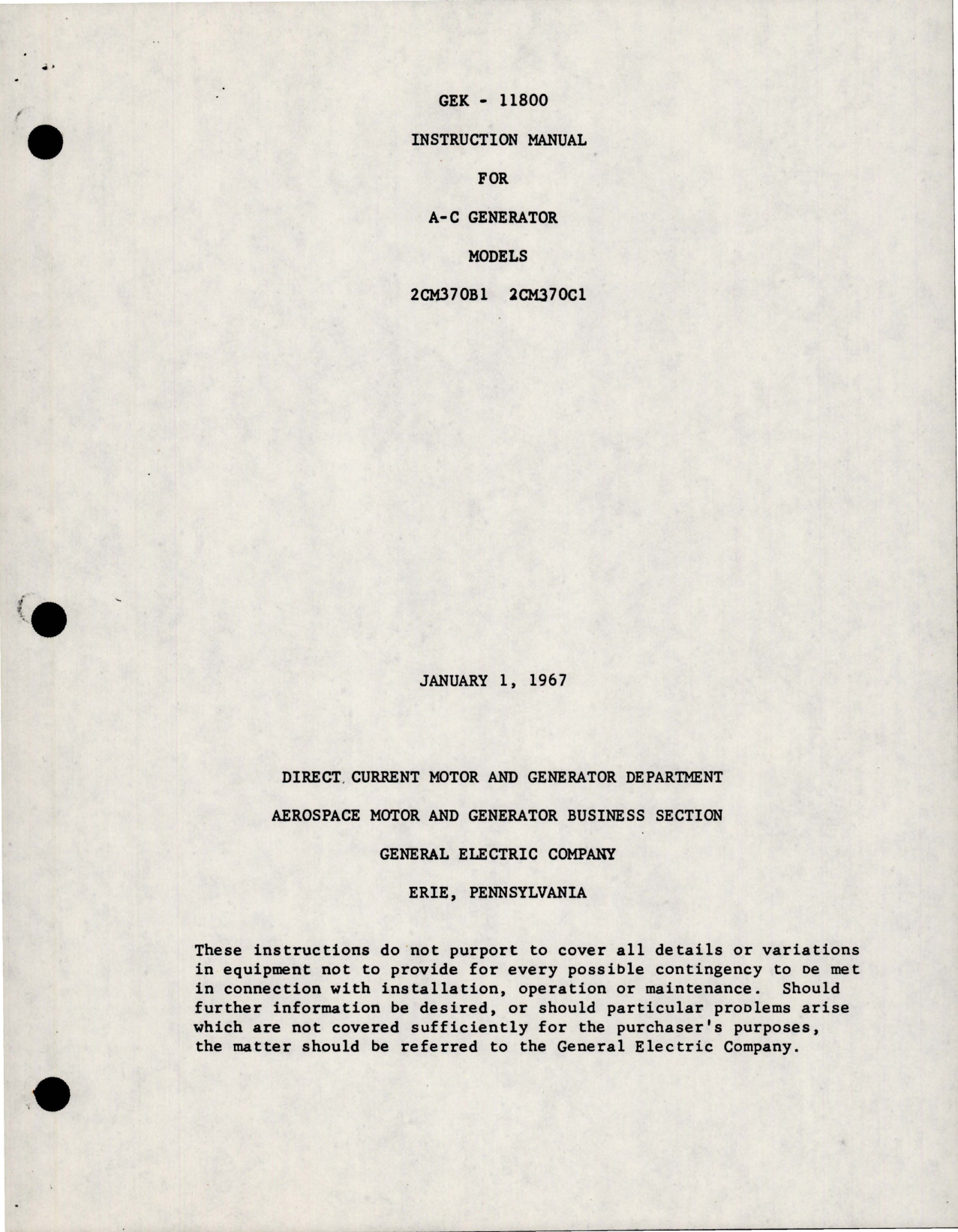 Sample page 1 from AirCorps Library document: Instruction Manual for AC Generator - Models 2CM370B1 and 2CM370C1 