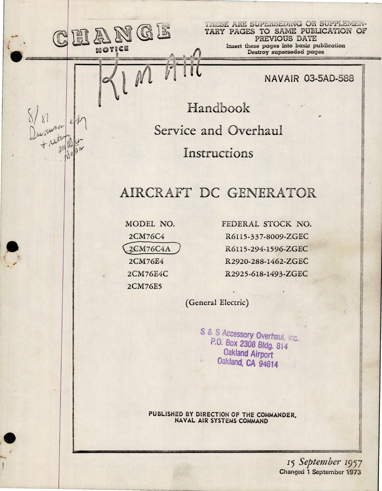 Sample page 1 from AirCorps Library document: Service and Overhaul Instructions for DC Generator - Models: 2CM76C4, 2CM76C4A, 2CM76E4, 2CM76E4C, and 2CM76E5