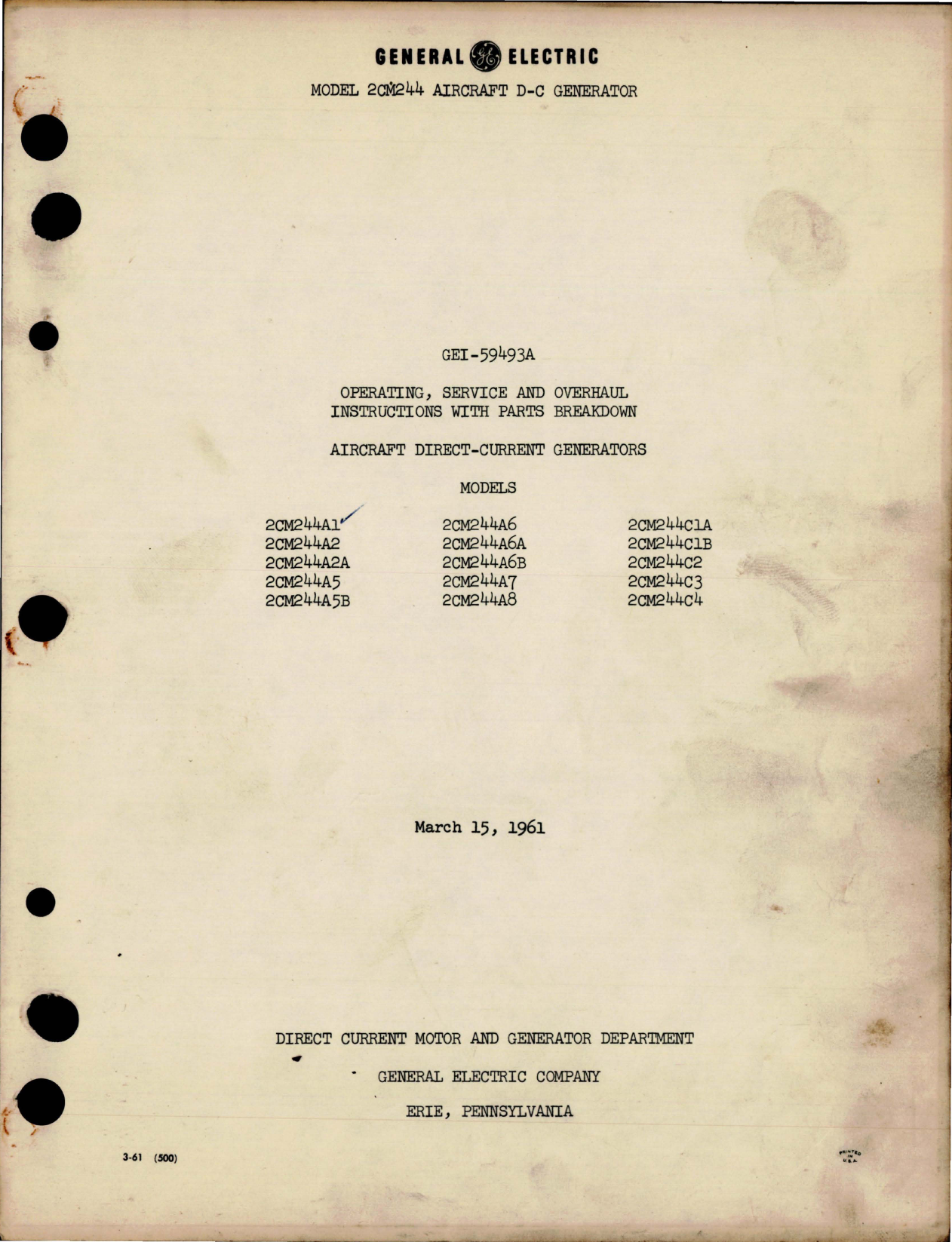 Sample page 1 from AirCorps Library document: Operating, Service, and Overhaul Instructions with Parts for Direct Current Generators 
