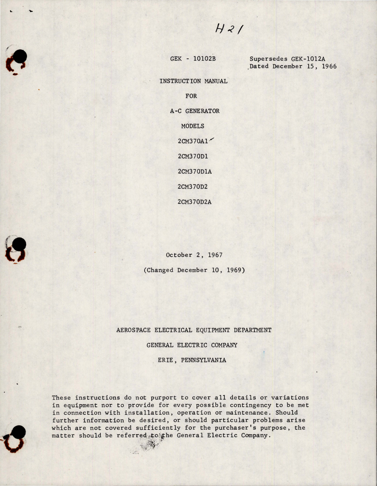 Sample page 1 from AirCorps Library document: Instructional Manual for AC Generator - Models 2CM370A1, 2CM370D1, 2CM370D1A, 2CM370D2 and 2CM370D2A