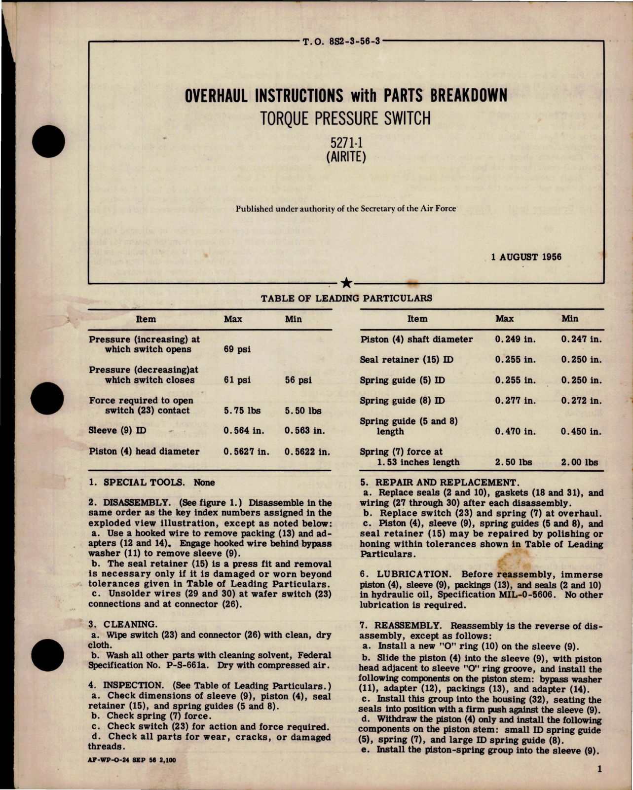 Sample page 1 from AirCorps Library document: Overhaul Instructions with Parts for Torque Pressure Switch - 5271-1