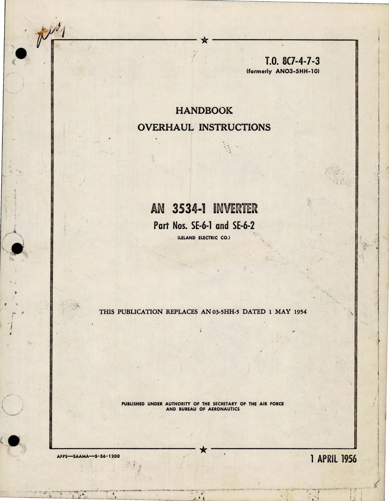 Sample page 1 from AirCorps Library document: Overhaul Instructions for Inverter AN 3514-1 - Parts SE-6-1 and SE-6-2 