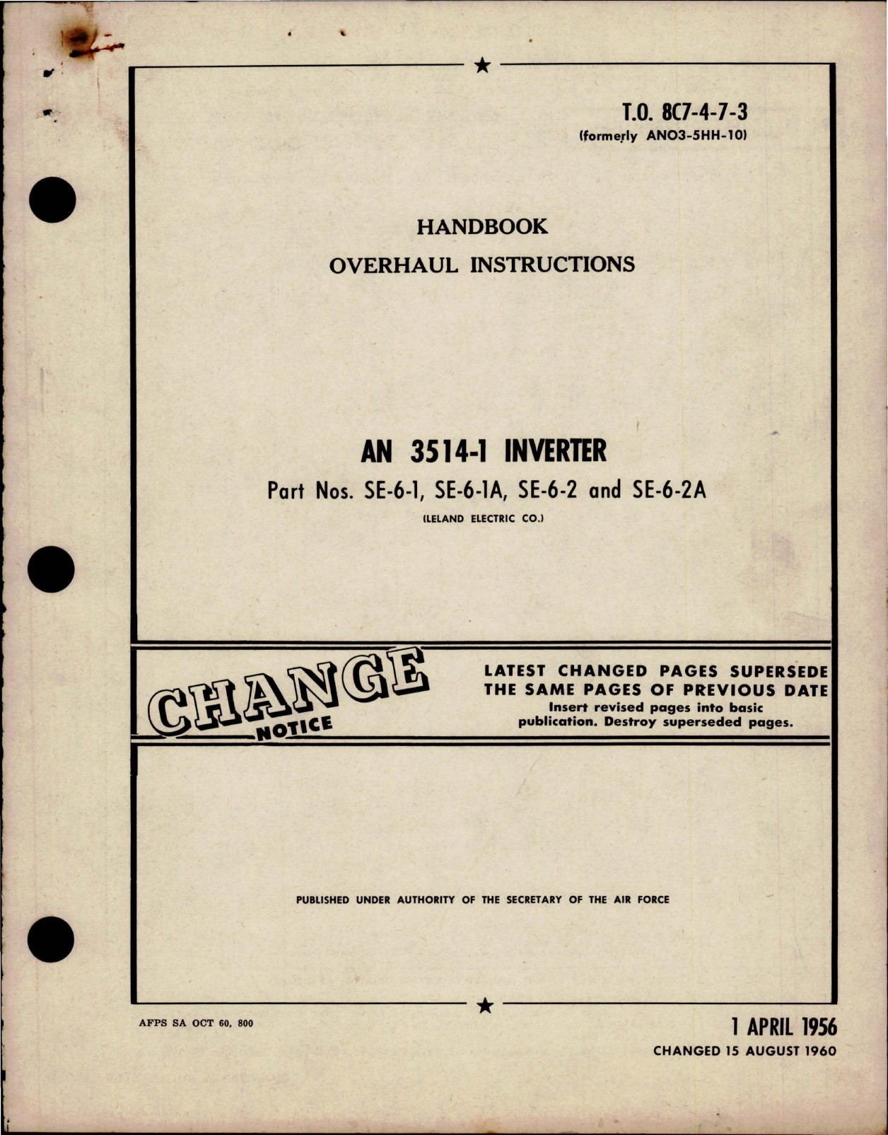 Sample page 1 from AirCorps Library document: Overhaul Instructions for Inverter AN 3514-1 - Parts SE-6-1, SE-6-1A, SE-6-2 and SE-6-2A 