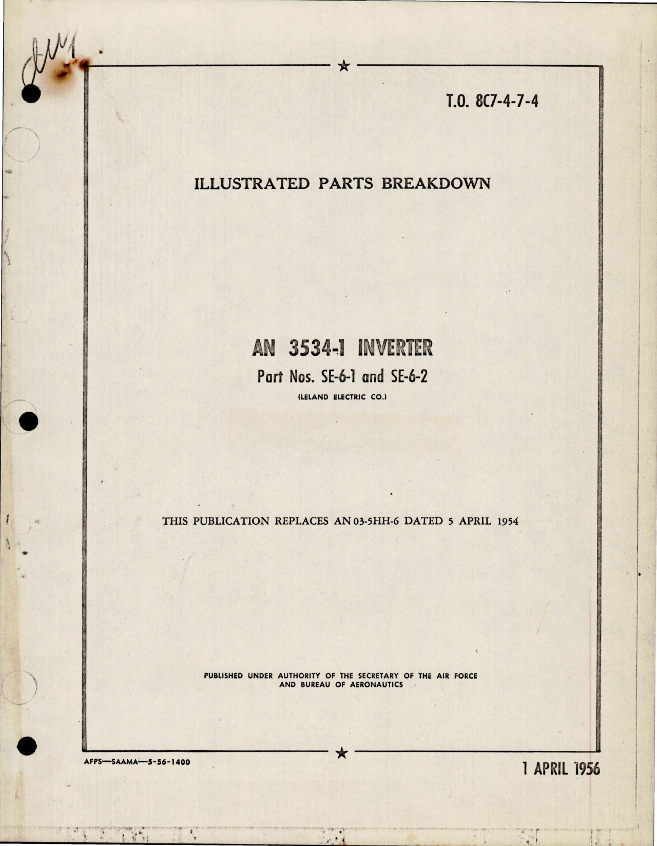 Sample page 1 from AirCorps Library document: Illustrated Parts Breakdown for Inverter - AN 3514-1 - Part SE-6-1 and SE-6-2 