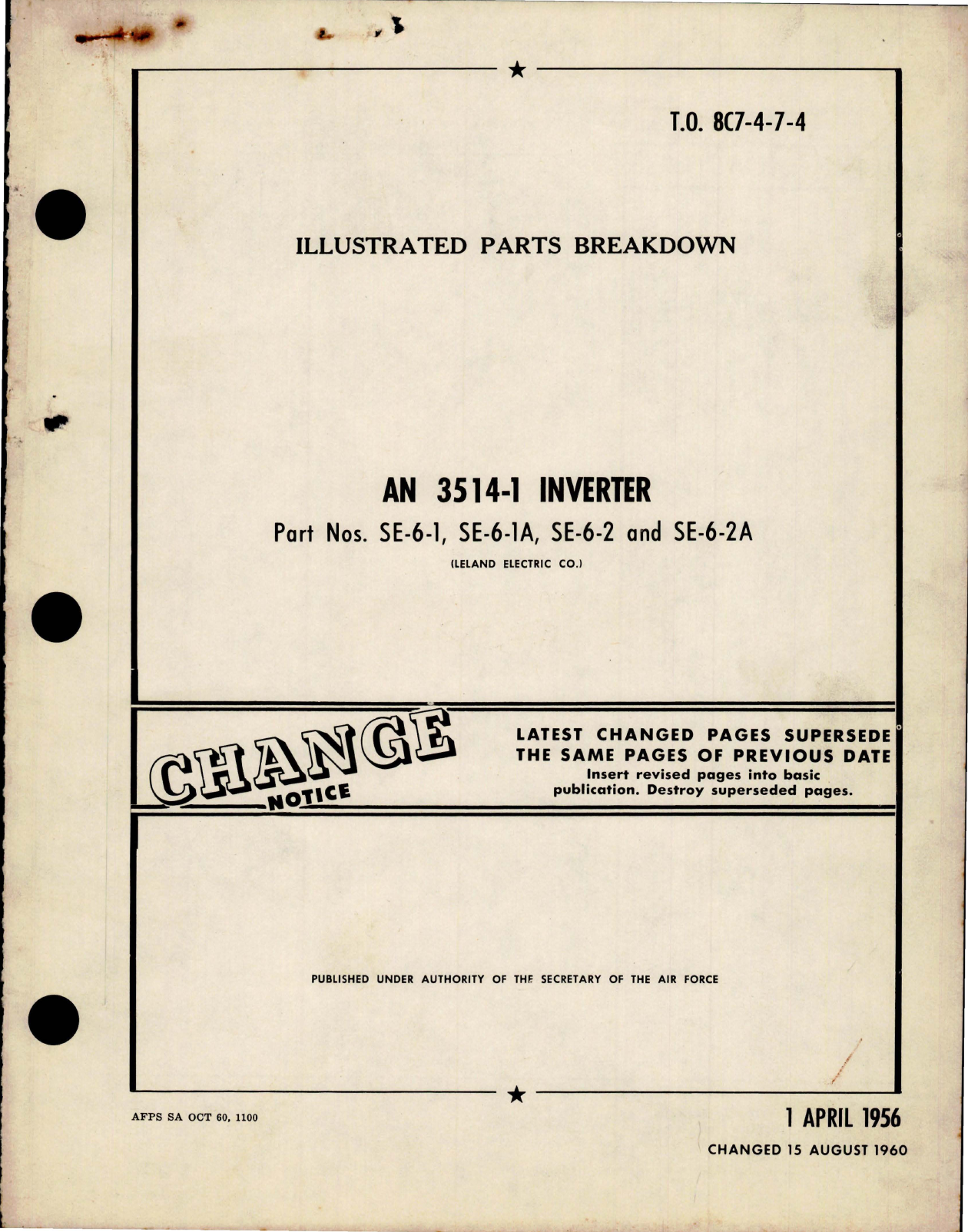 Sample page 1 from AirCorps Library document: Illustrated Parts Breakdown for Inverter - AN 3514-1 - Parts SE-6-1, SE-6-1A, SE-6-2 and SE-6-2A