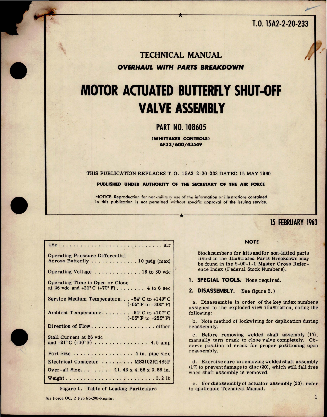 Sample page 1 from AirCorps Library document: Overhaul Manual with Parts Breakdown for Motor Actuated Butterfly Shut-Off Valve Assembly
