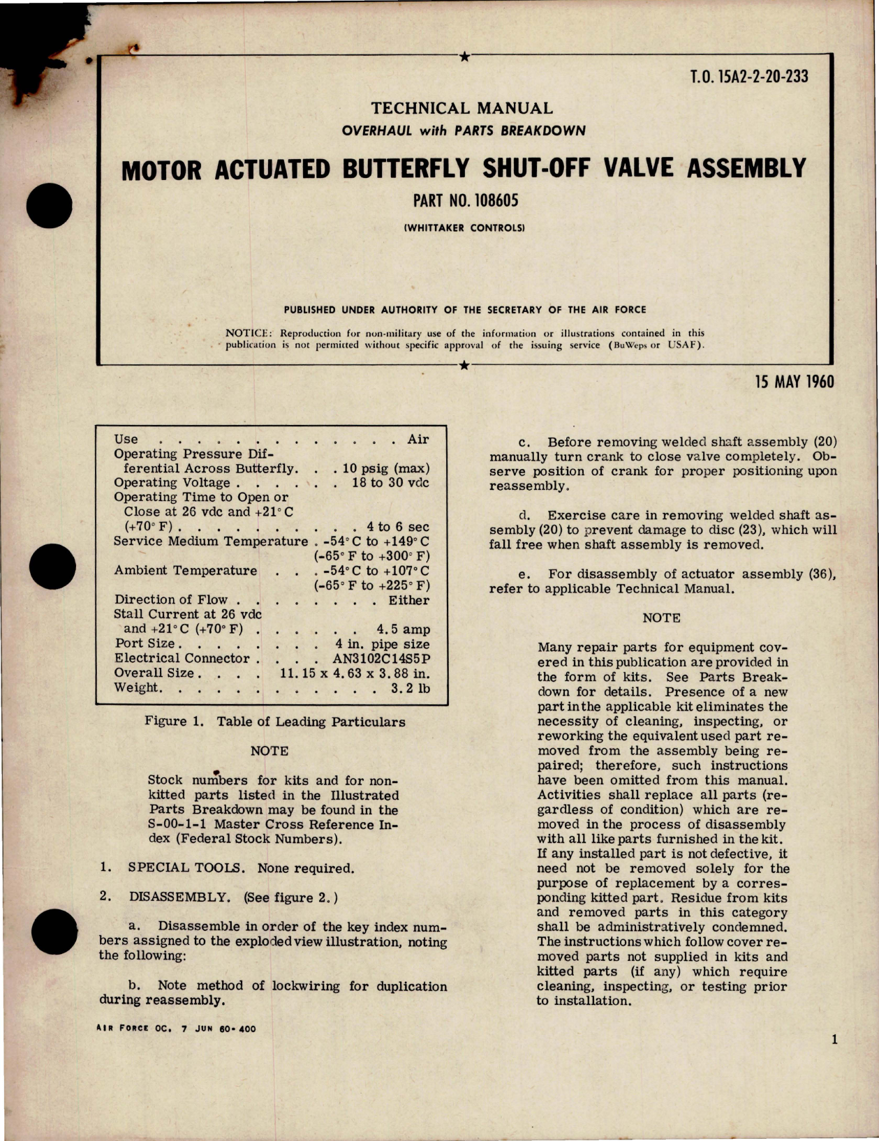 Sample page 1 from AirCorps Library document: Overhaul Manual w Parts Breakdown for Motor Actuated Butterfly Shut-Off Valve Assembly