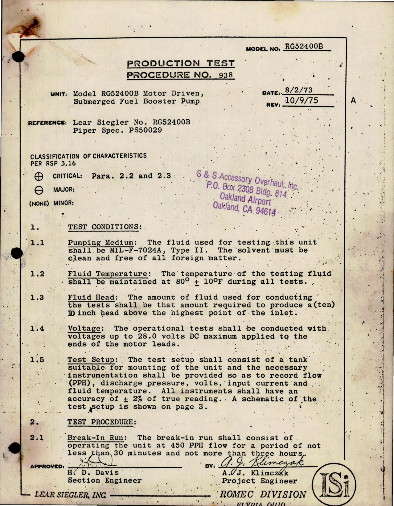 Sample page 1 from AirCorps Library document: Production Test for Motor Driven Submerged Fuel Booster Pump - Model RG52400B 