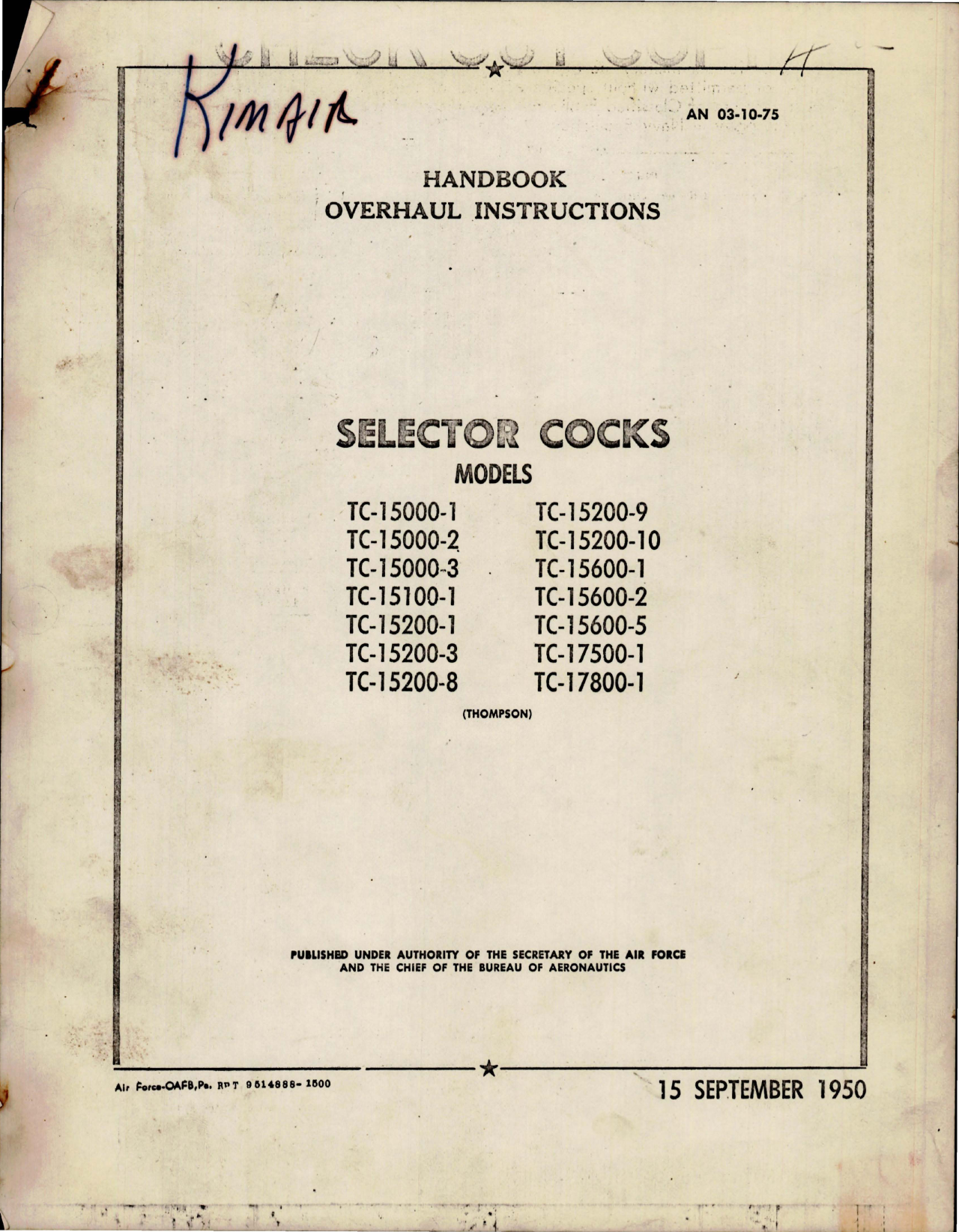 Sample page 1 from AirCorps Library document: Overhaul Instructions for Selector Cocks 