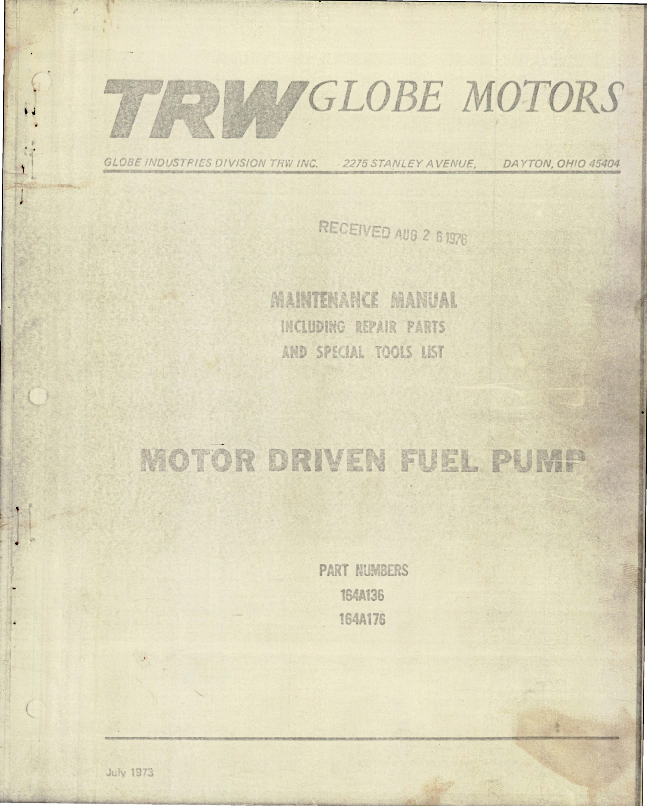 Sample page 1 from AirCorps Library document: Maintenance Manual including Repair Parts and Special Tools for Motor Driven Fuel Pumps - Parts 164A136 and 164A176