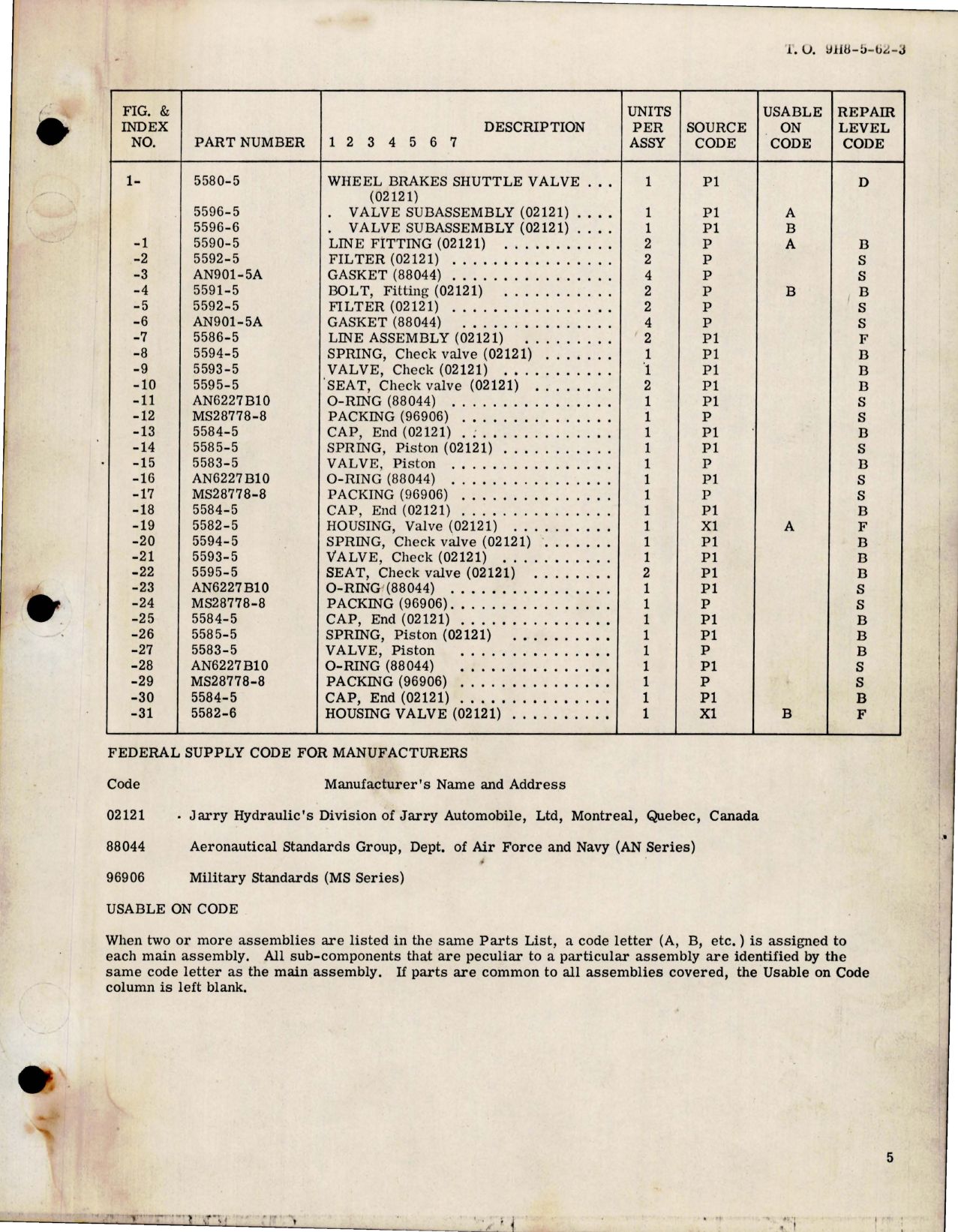 Sample page 5 from AirCorps Library document: Overhaul Instructions with Parts for MLG Wheel Brakes Shuttle Valve - Part 5580-5