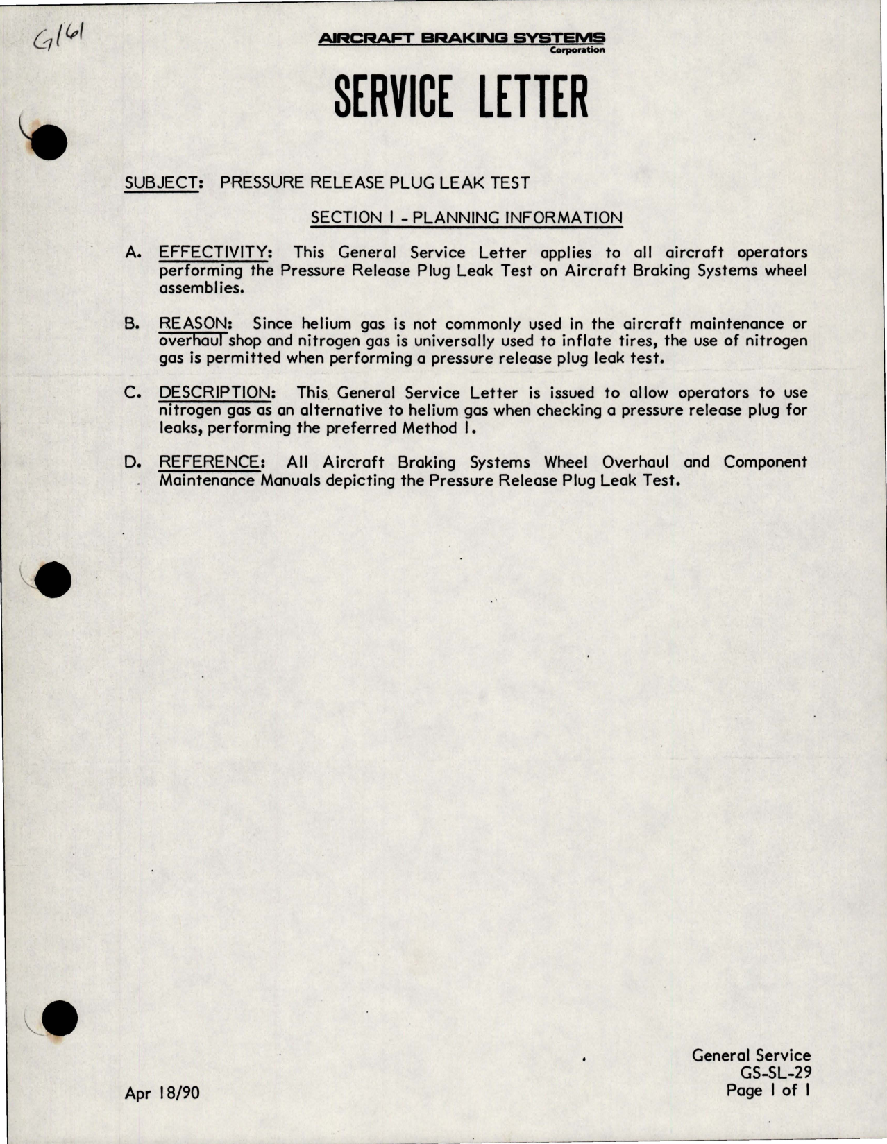 Sample page 1 from AirCorps Library document: Service Letter for Pressure Release Plug Leak Test 