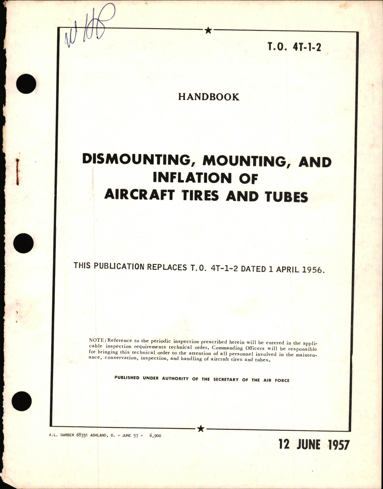 Sample page 1 from AirCorps Library document: Handbook for Dismounting, Mounting, & Inflation of Aircraft Tires and Tubes