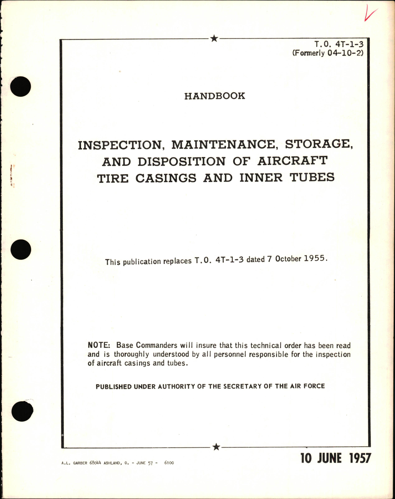 Sample page 1 from AirCorps Library document: Handbook for Inspection, Maintenance, and Disposition of Aircraft Tire Casings and Inner Tubes