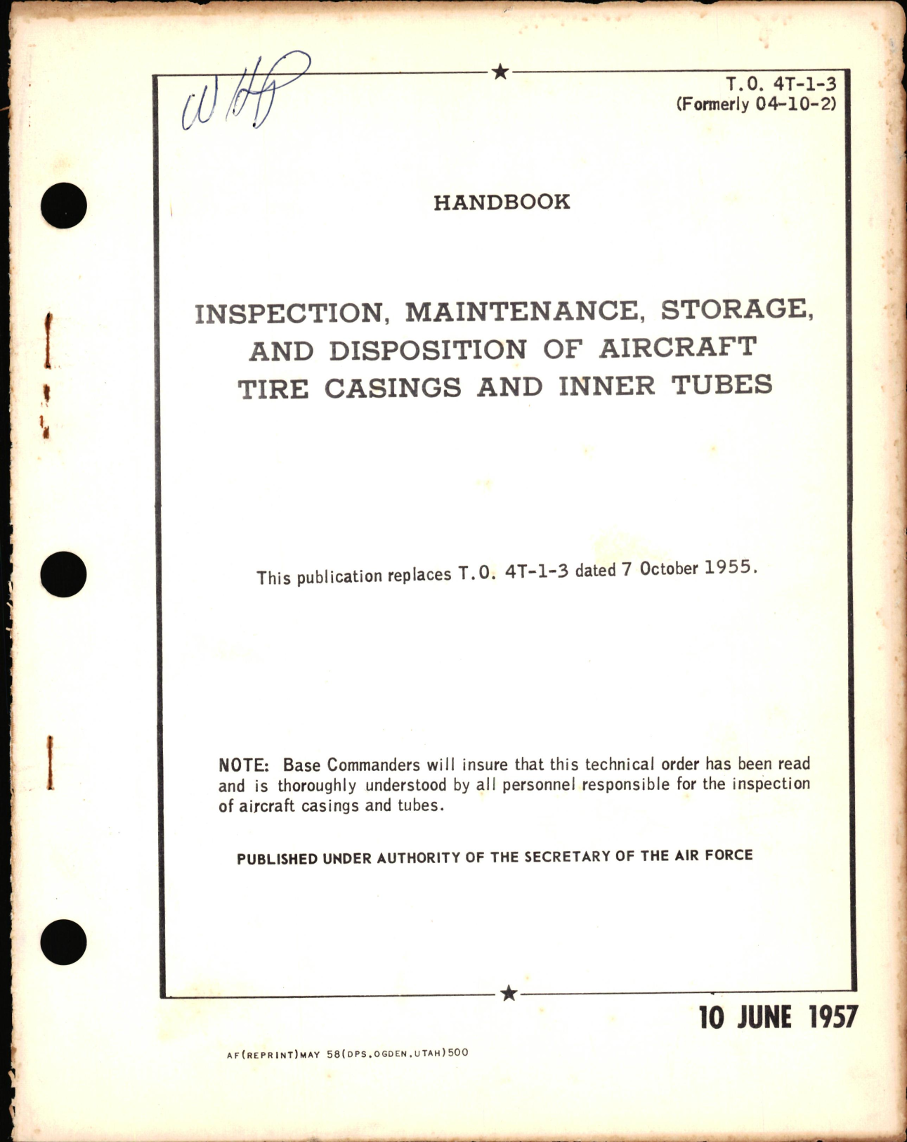 Sample page 1 from AirCorps Library document:  HB for Inspection, Maintenance, and Disposition of Aircraft Tire Casings and Inner Tubes