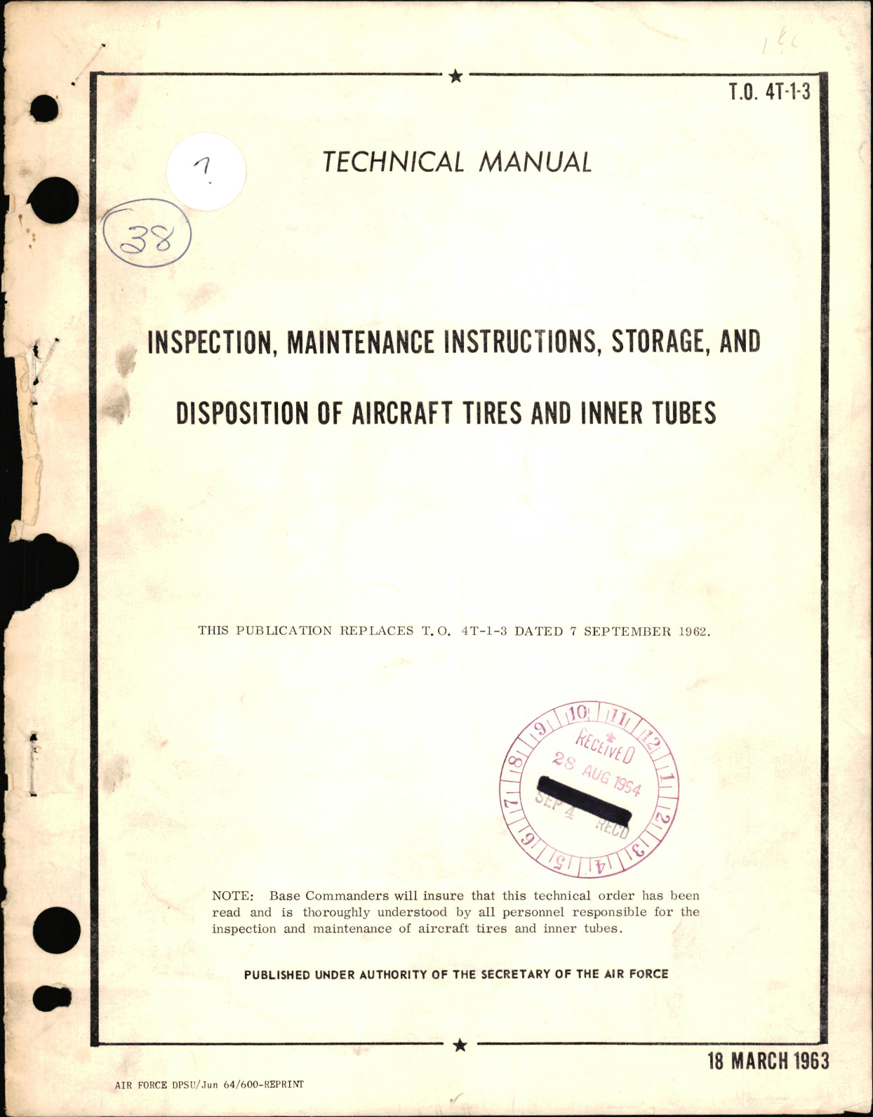 Sample page 1 from AirCorps Library document:  Technical Manual for Inspection, Maintenance Instructions, Storage, & Disposition of Aircraft Tires and Inner Tubes
