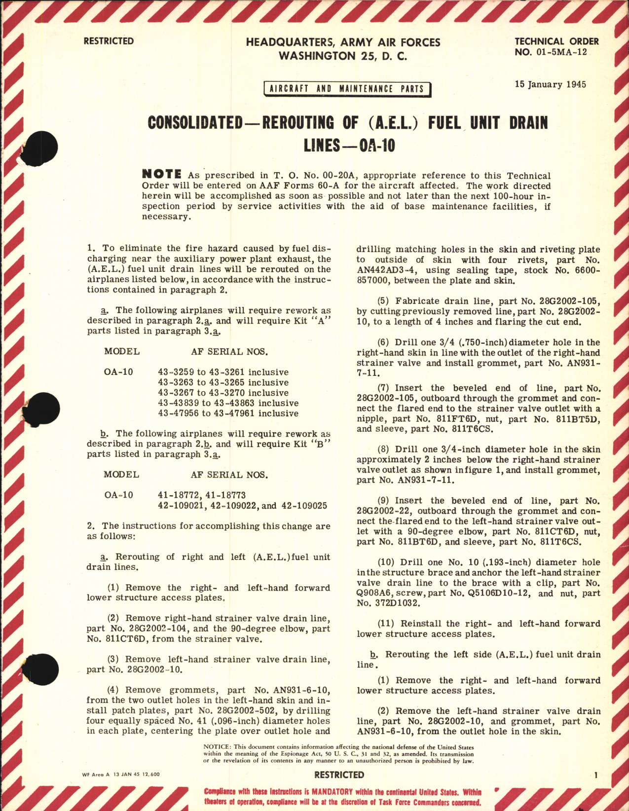 Sample page 1 from AirCorps Library document: Rerouting of (A.E.L.) Fuel Unit Drain Lines for OA-10