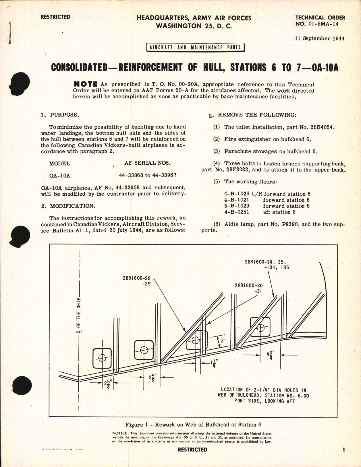 Sample page 1 from AirCorps Library document: Reinforcement of Hull, Stations 6 to 7 for OA-10A
