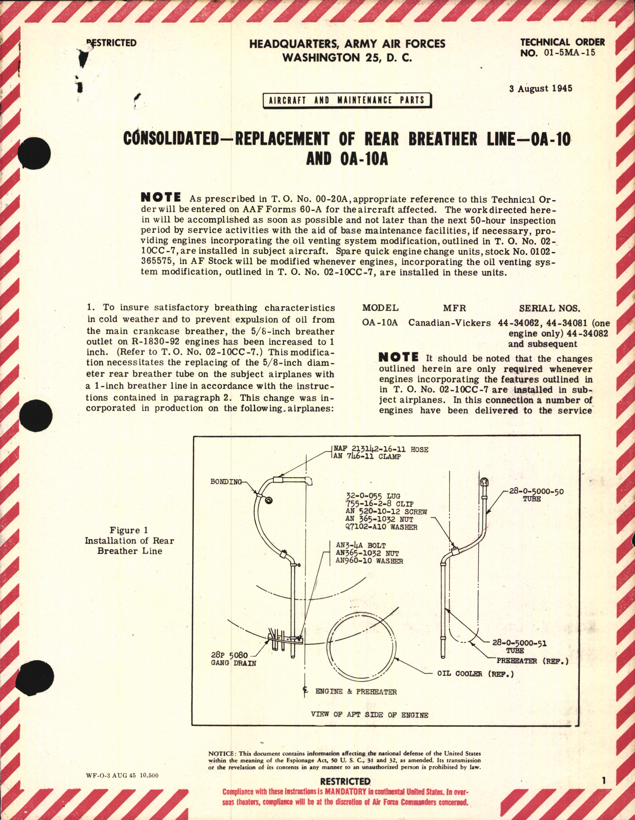 Sample page 1 from AirCorps Library document: Replacement of Rear Breather Line for OA-10 and OA-10A