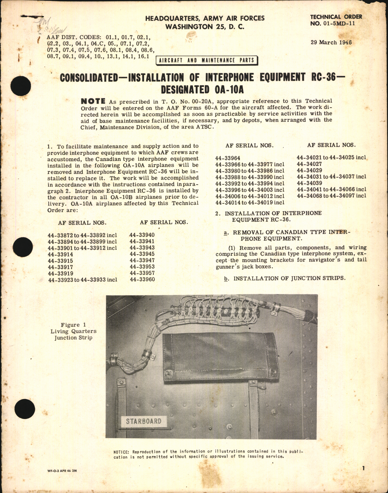 Sample page 1 from AirCorps Library document: Installation of Interphone Equipment RC-36 Designated OA-10A