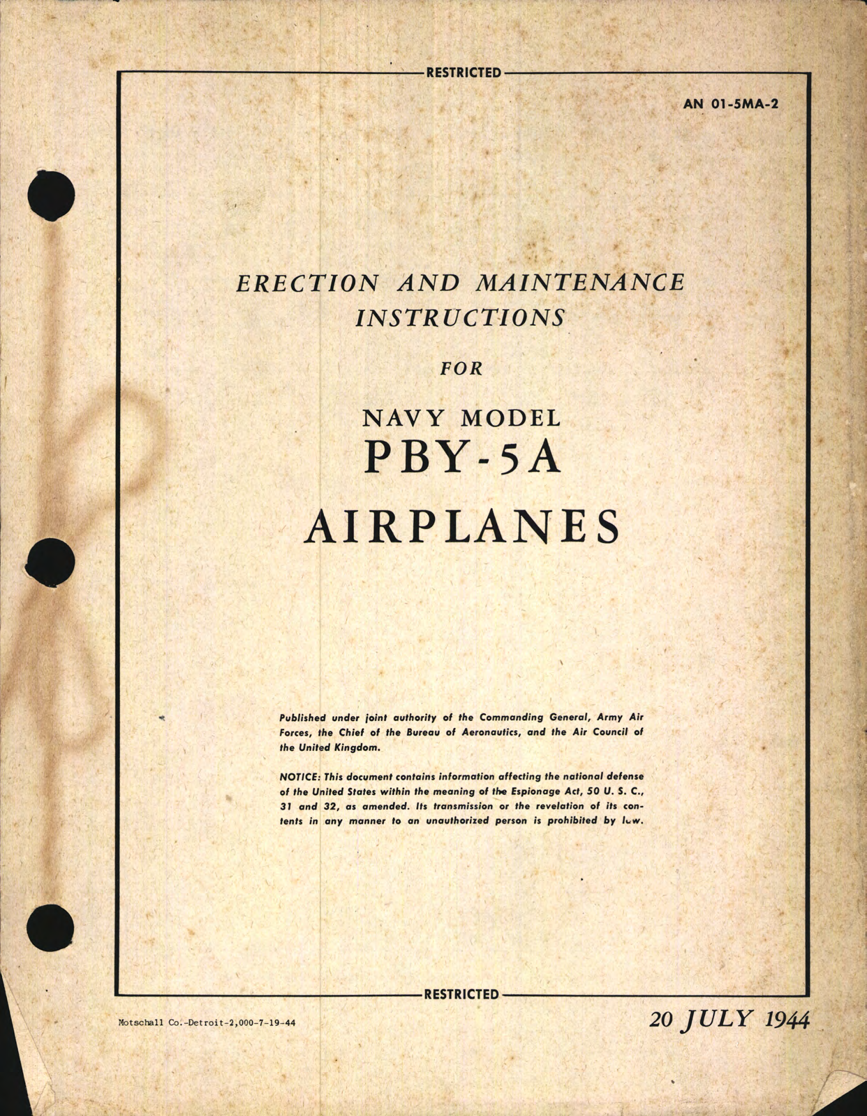 Sample page 1 from AirCorps Library document: Erection & Maintenance Instructions for PBY-5A Airplanes