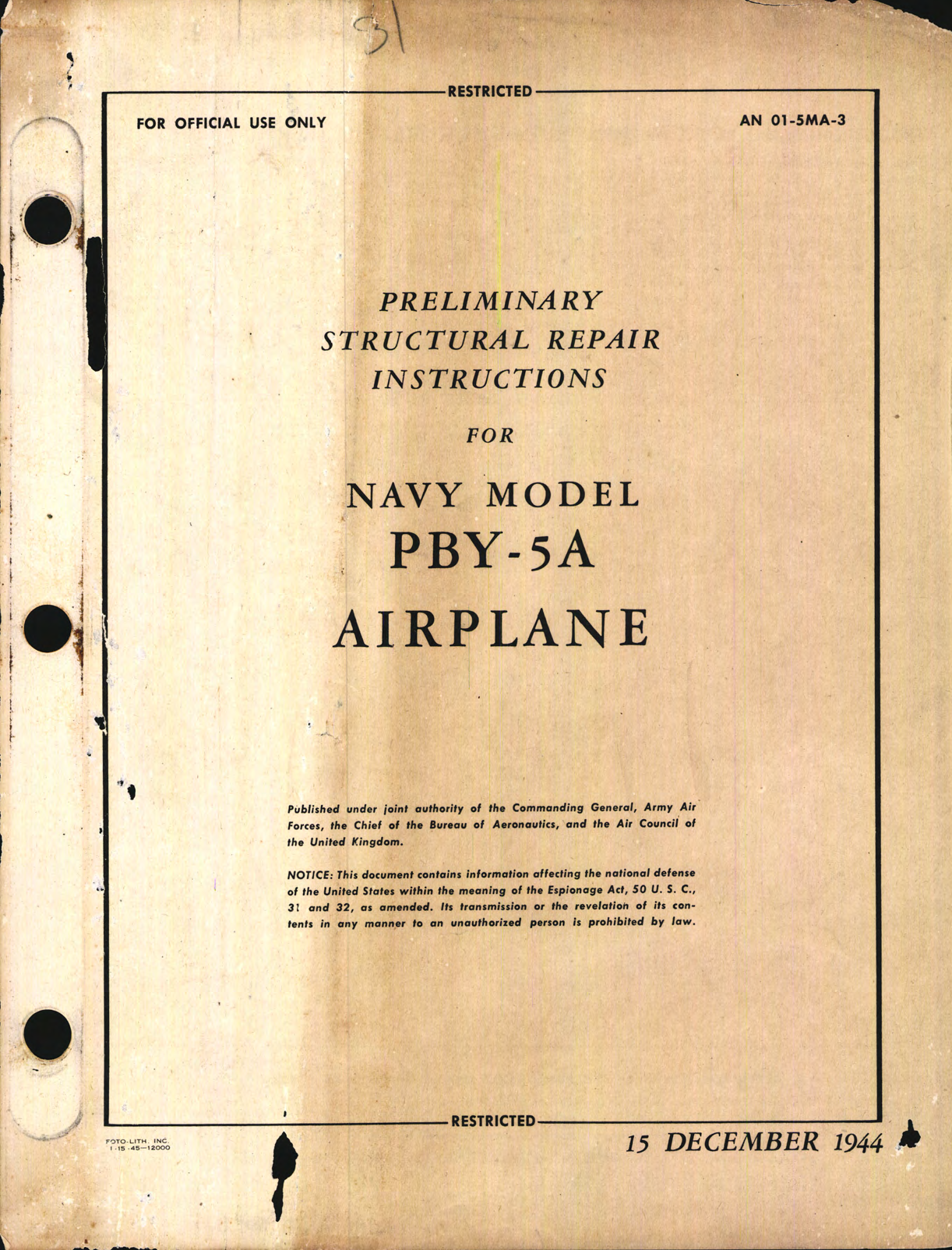 Sample page 1 from AirCorps Library document: Preliminary Structural Repair Instructions for PBY-5A Airplane