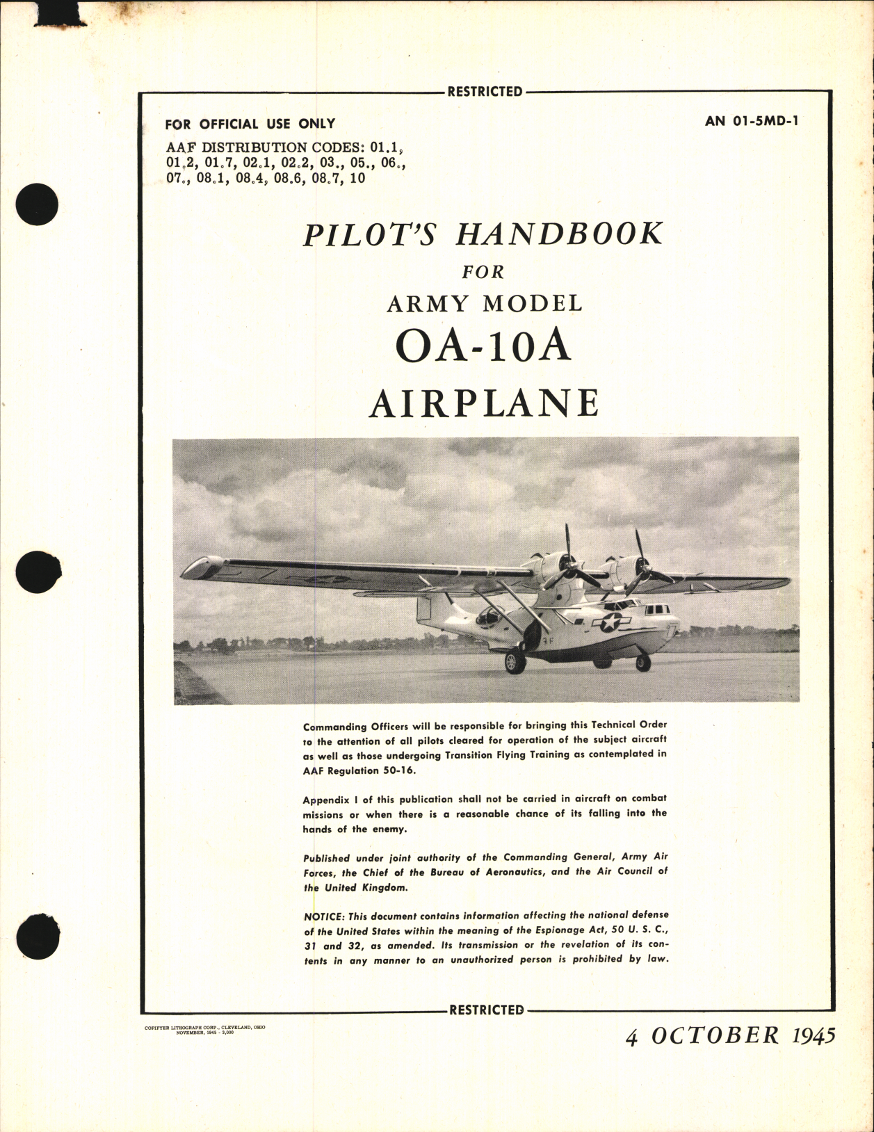 Sample page 1 from AirCorps Library document: Pilot's Handbook for Army Model OA-10A Airplane
