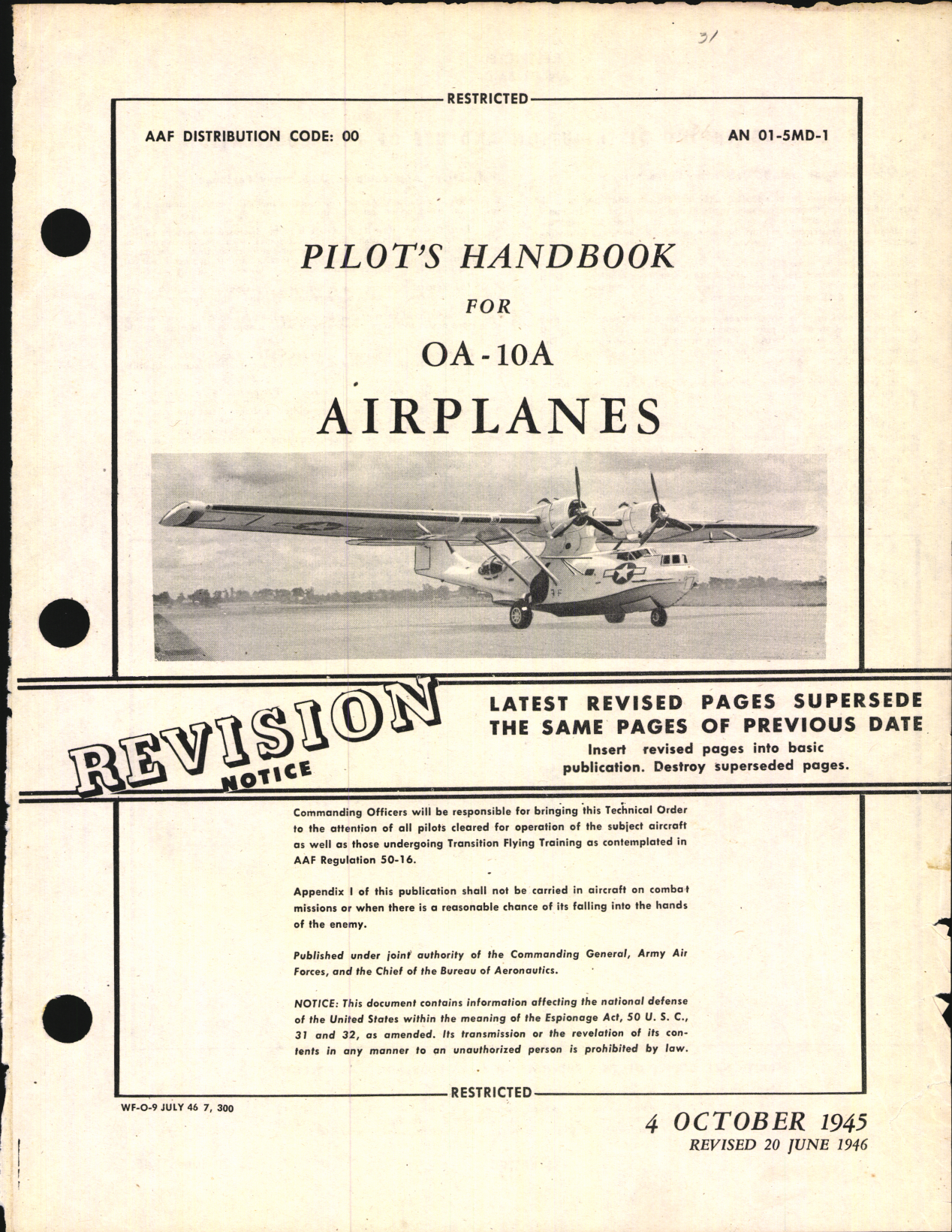 Sample page 1 from AirCorps Library document: Pilot's Handbook for OA-10A Airplanes