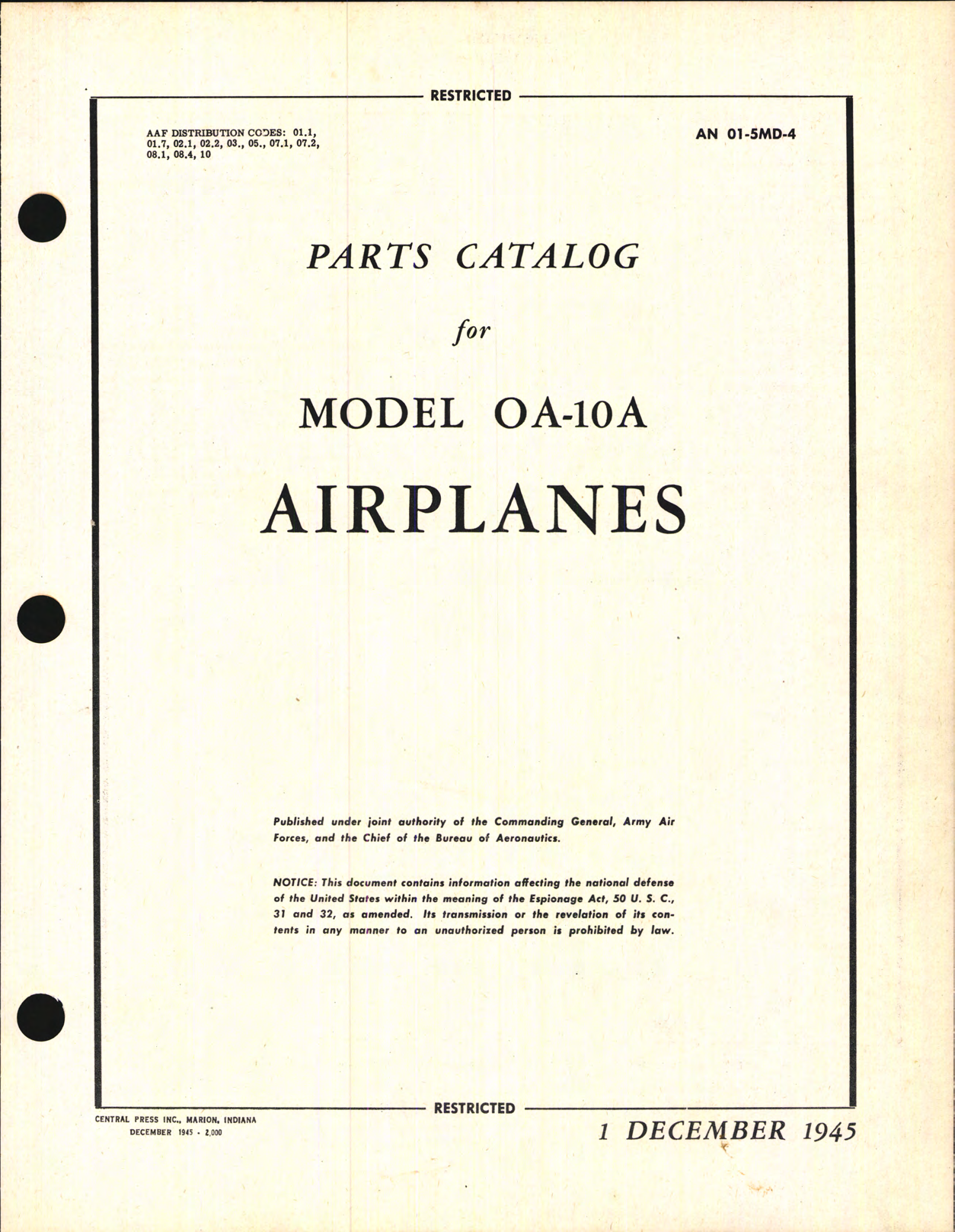 Sample page 1 from AirCorps Library document: Parts Catalog for Model OA-10A Airplanes
