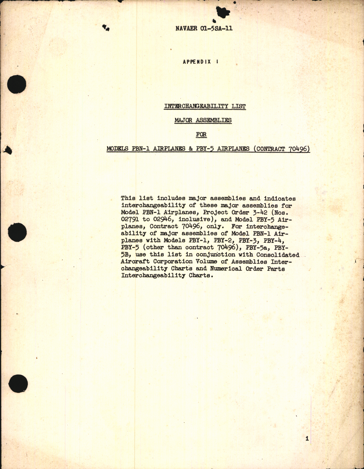 Sample page 1 from AirCorps Library document: Interchangeability List - Major Assemblies for Model PBN-1 and PBY-5 Airplanes