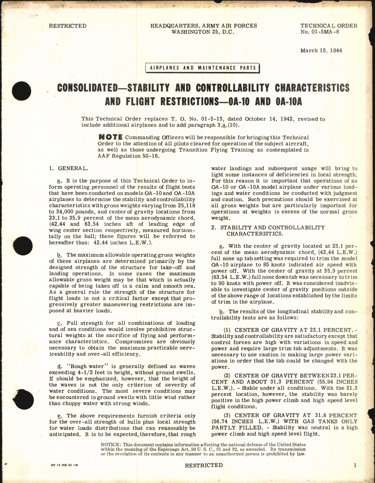 Sample page 1 from AirCorps Library document: Stability & Controllability Characteristics and Flight Restrictions for OA-10 and OA-10A