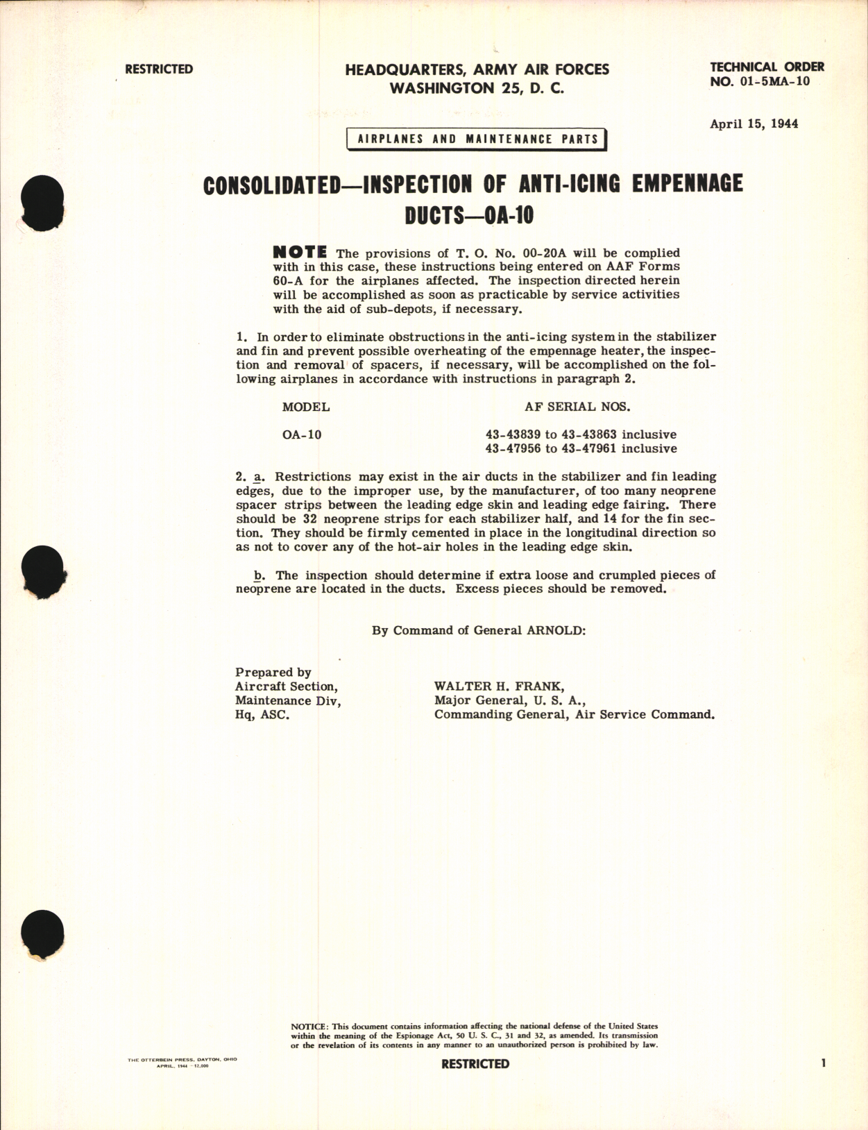 Sample page 1 from AirCorps Library document: Inspection of Anti-Icing Empennage Ducts for OA-10