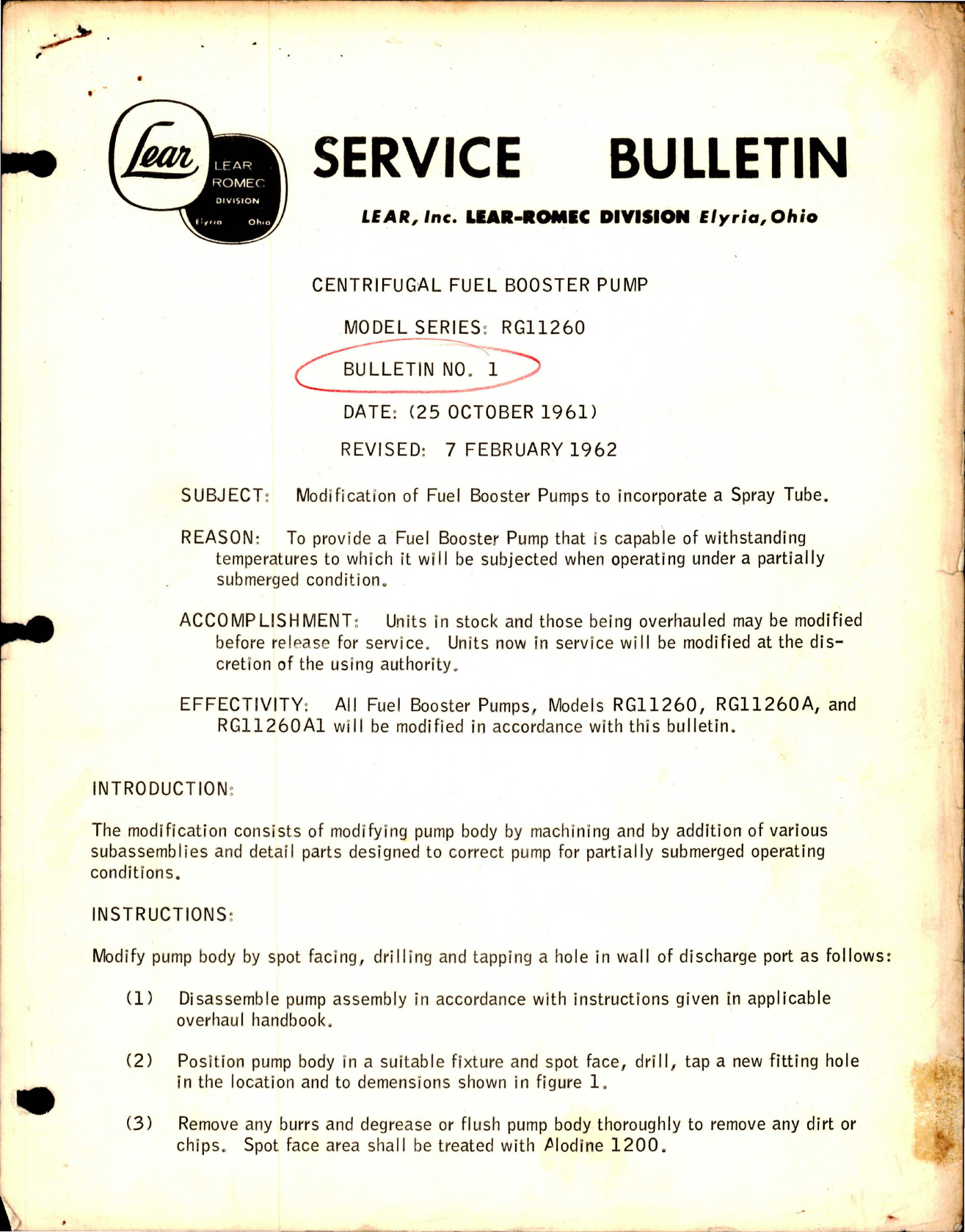 Sample page 1 from AirCorps Library document: Centrifugal Fuel Booster Pump - Model RG11260  - Incorporate a Spray Tube