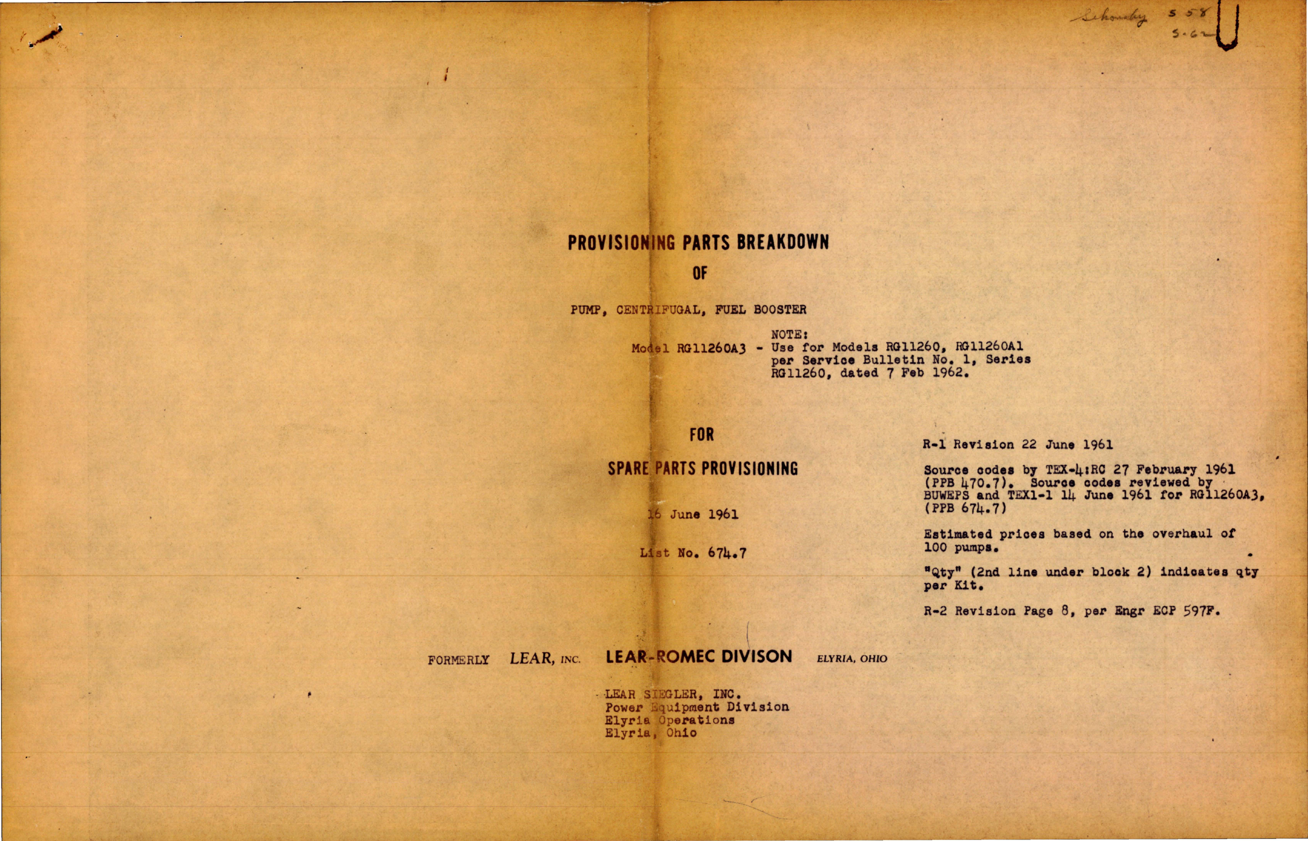 Sample page 1 from AirCorps Library document: Provisioning Parts Breakdown of Centrifugal Fuel Booster Pump - Model RG11260A3 