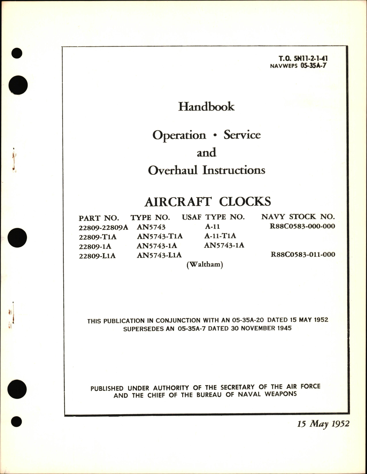 Sample page 1 from AirCorps Library document: Operation, Service, & Overhaul Instructions for Aircraft Clocks Part Nos. 22809-22809A, 22809-T1A, 22809-1A, 22809-L1A