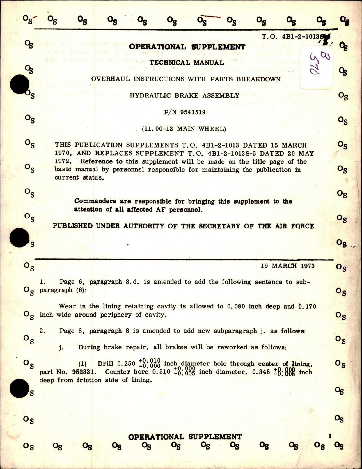 Sample page 1 from AirCorps Library document: Overhaul Instructions with Parts for Hydraulic Brake Assembly  - Part 9541519 