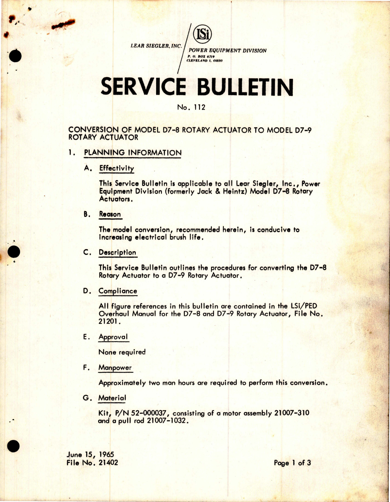Sample page 1 from AirCorps Library document: Service Bulletin No. 112 - Rotary Actuator - Conversion of Model D7-8 to D7-9