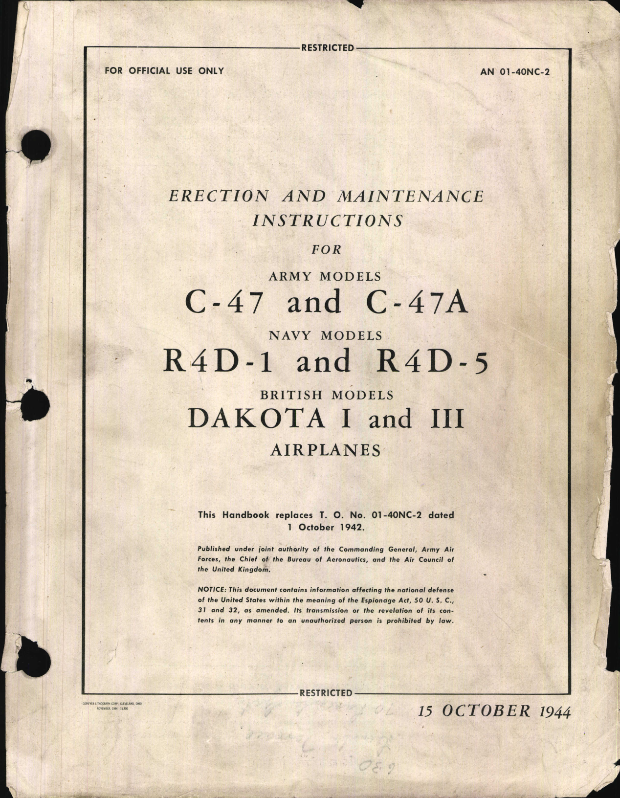 Sample page 1 from AirCorps Library document: Erection and Maintenance for C-47, C-47A, R4D-1, and R4D-5, 15-Oct-1944