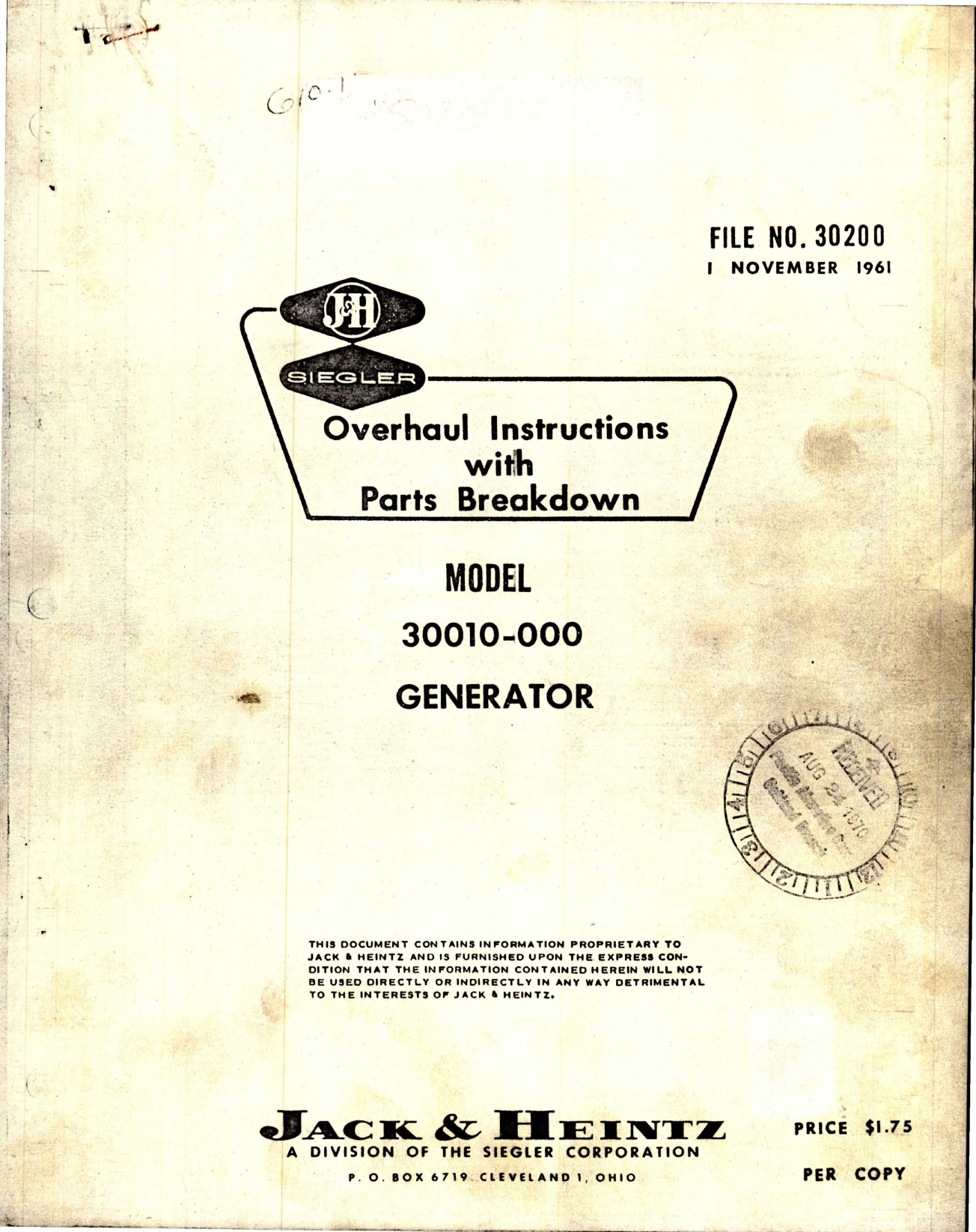 Sample page 1 from AirCorps Library document: Overhaul Instructions with Parts for Generator - Model 30010-000 