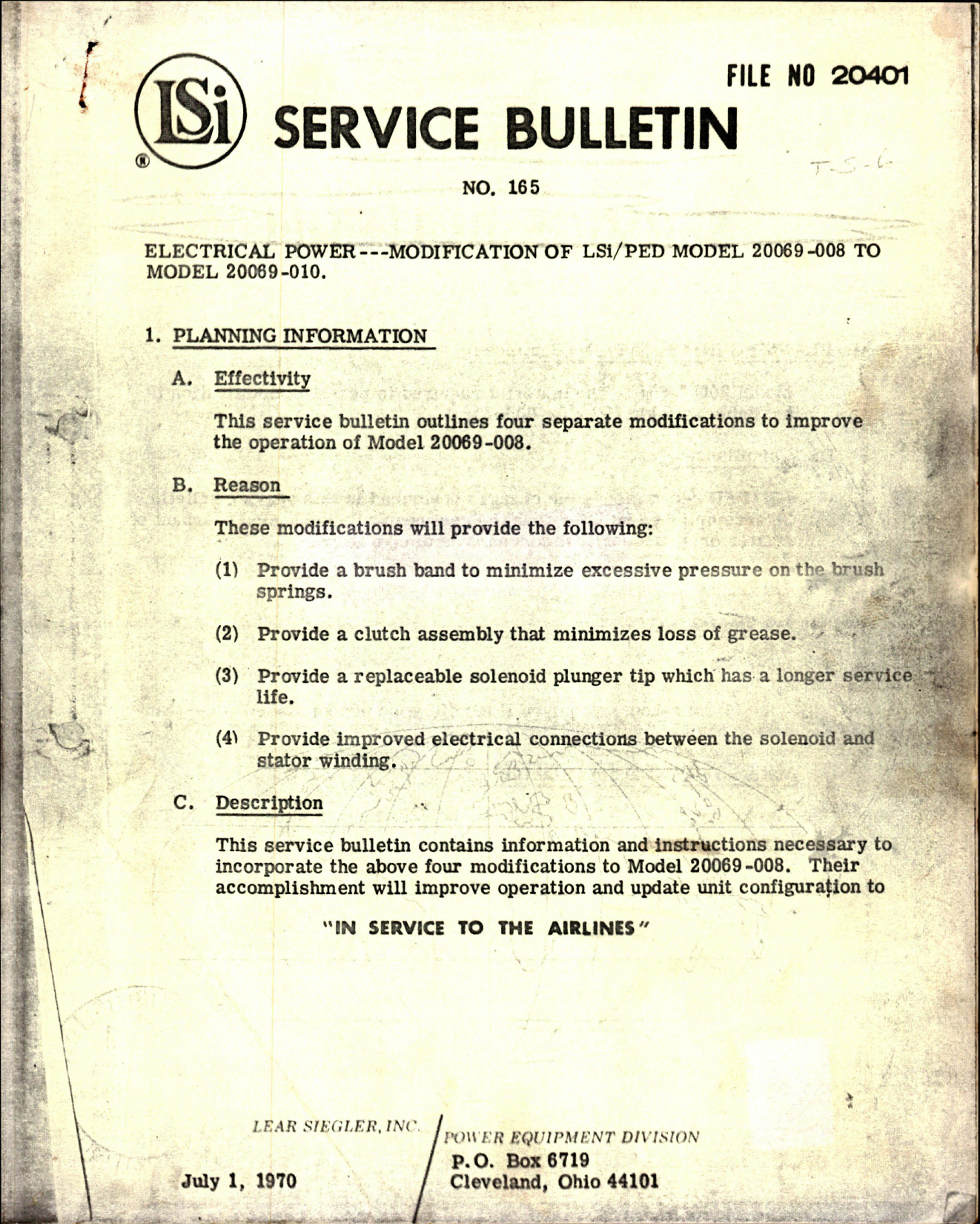 Sample page 1 from AirCorps Library document: Service Bulletin No. 165 for Modification of Electrical Power 