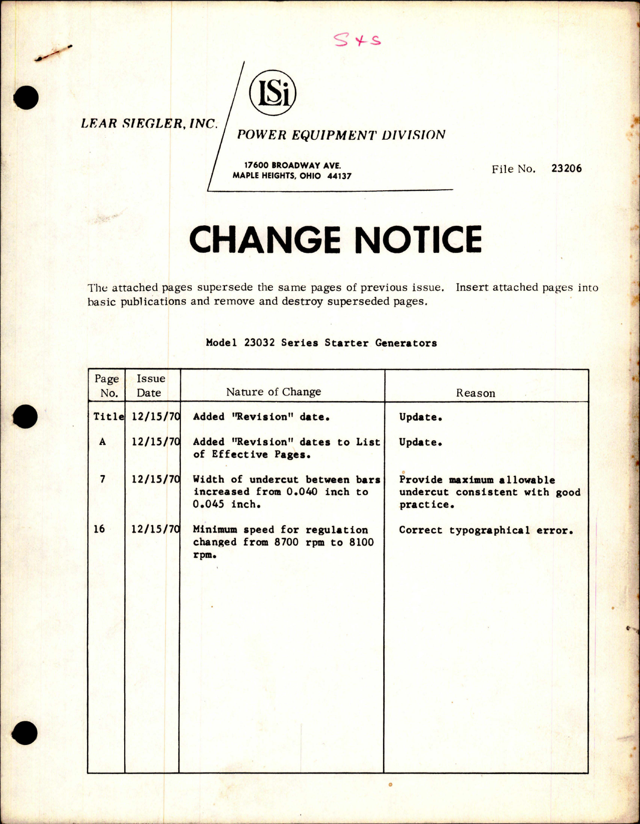 Sample page 1 from AirCorps Library document: Change Notice for Starter Generators - Model 23032 Series
