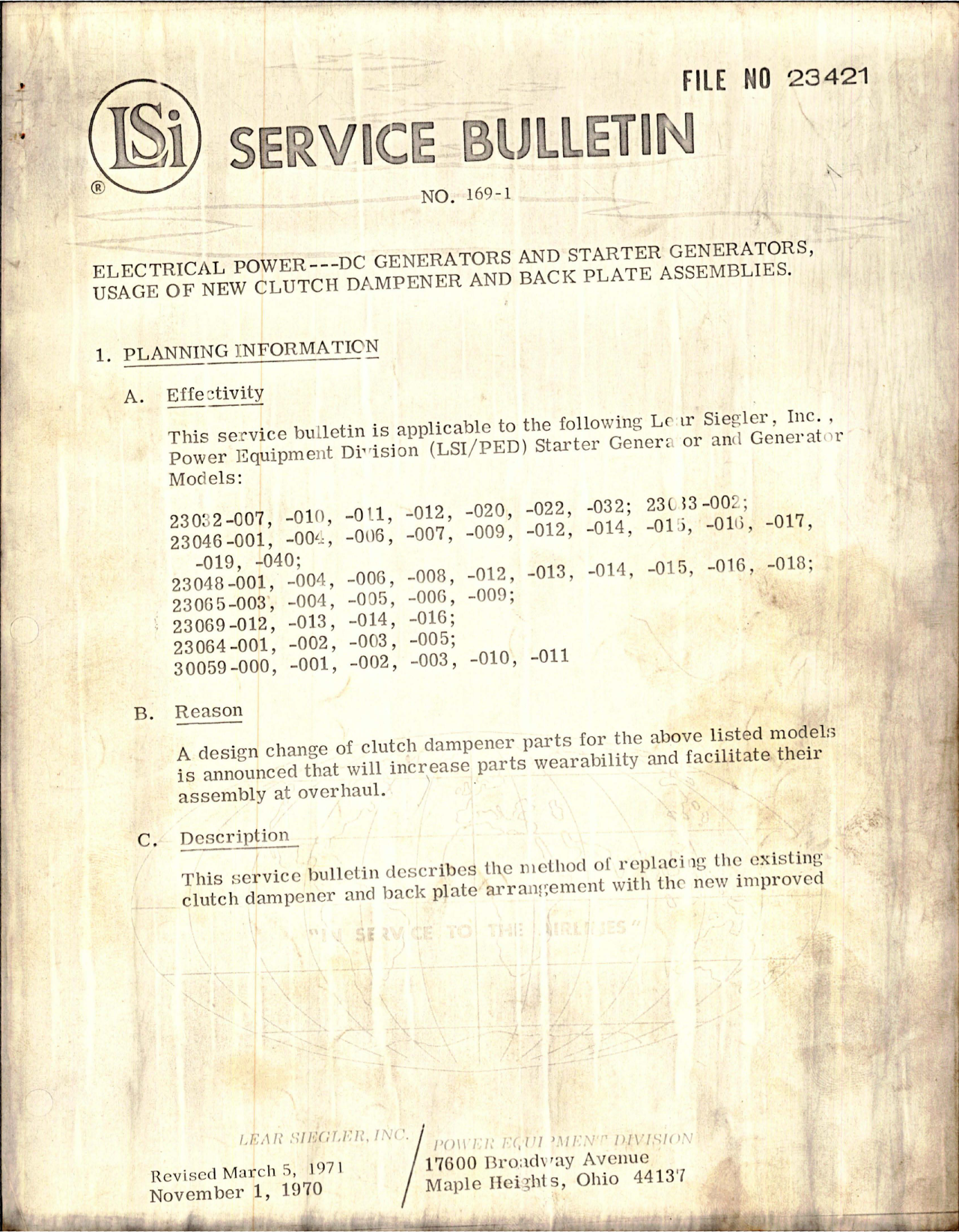 Sample page 1 from AirCorps Library document: Service Bulletin No. 169-1 for DC Generator and Starter Generators - Usage of New Clutch Dampener and Back Plate Assemblies