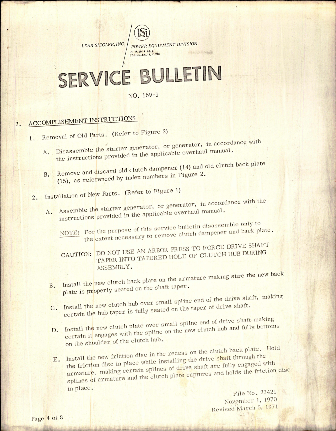 Sample page 7 from AirCorps Library document: Service Bulletin No. 169-1 for DC Generator and Starter Generators - Usage of New Clutch Dampener and Back Plate Assemblies
